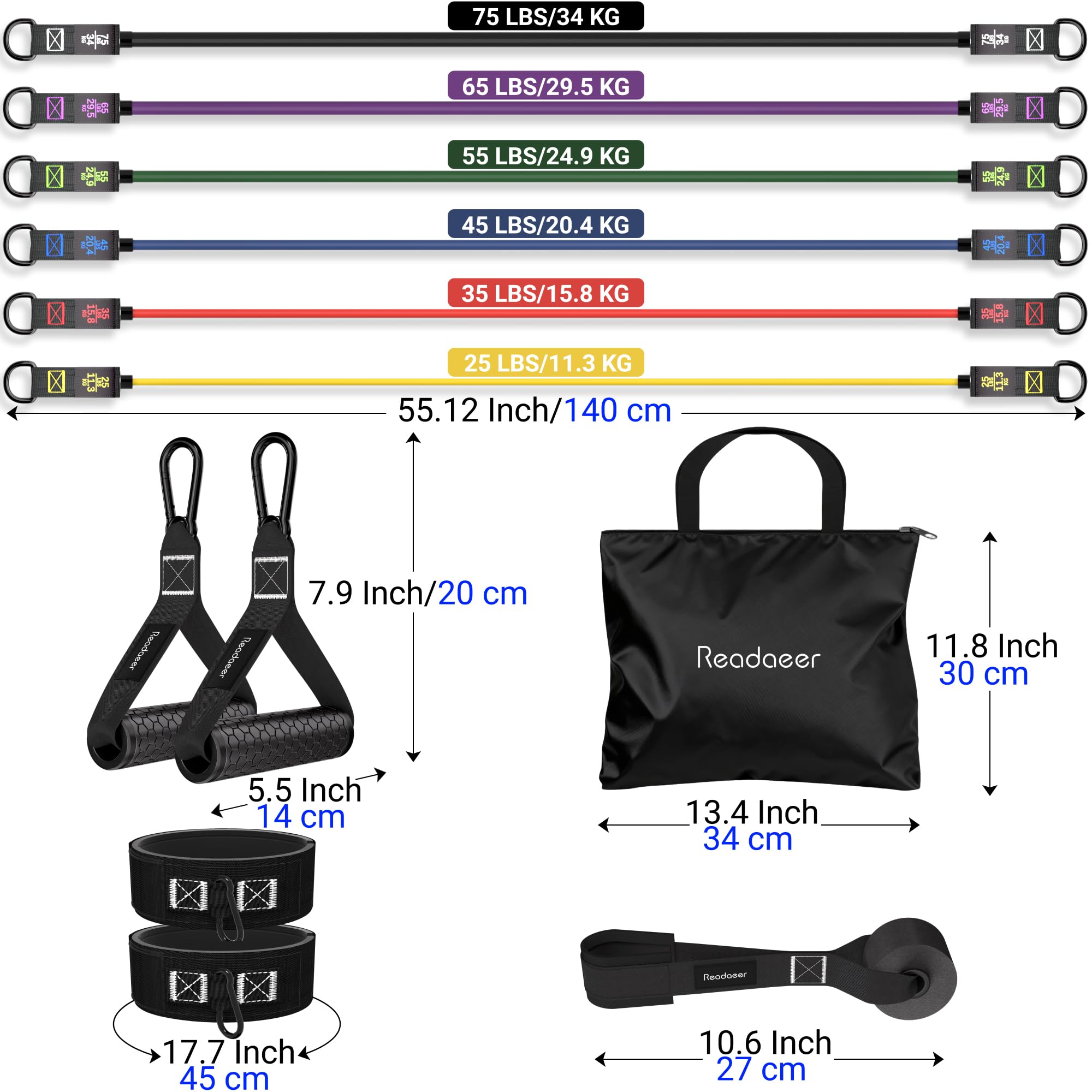 READAEER Set di Fasce Elastiche Fitness in Lattice Naturale, Bande di Resistenza con Maniglie, Ancoraggio da Porta e Cavigliere, Ideali per Allenamento a Casa, Palestra e Stretching