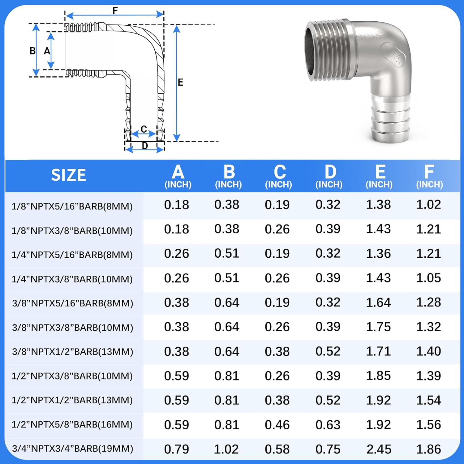 ChillWaves 304 Stainless Steel Air Hose Fittings, 90 Degree Elbow Hose Barb Fittings 3/4" Barb x 3/4" NPT Male Thread Adapter with Hose Clamps(3-PACK)
