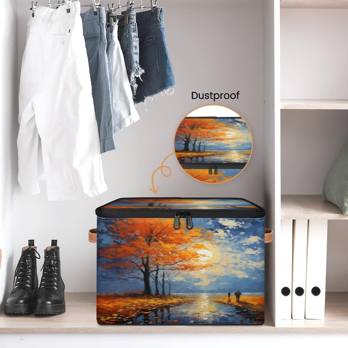 Storage Bin Set of 2 Oil Painting Fall Leaf Storage Basket with Zipper Lid & Handle Foldable Closet Shelf 2 Pack Cloth Organizer Basket Cube Bins Clothes Organizer for Bedroom, Nursery