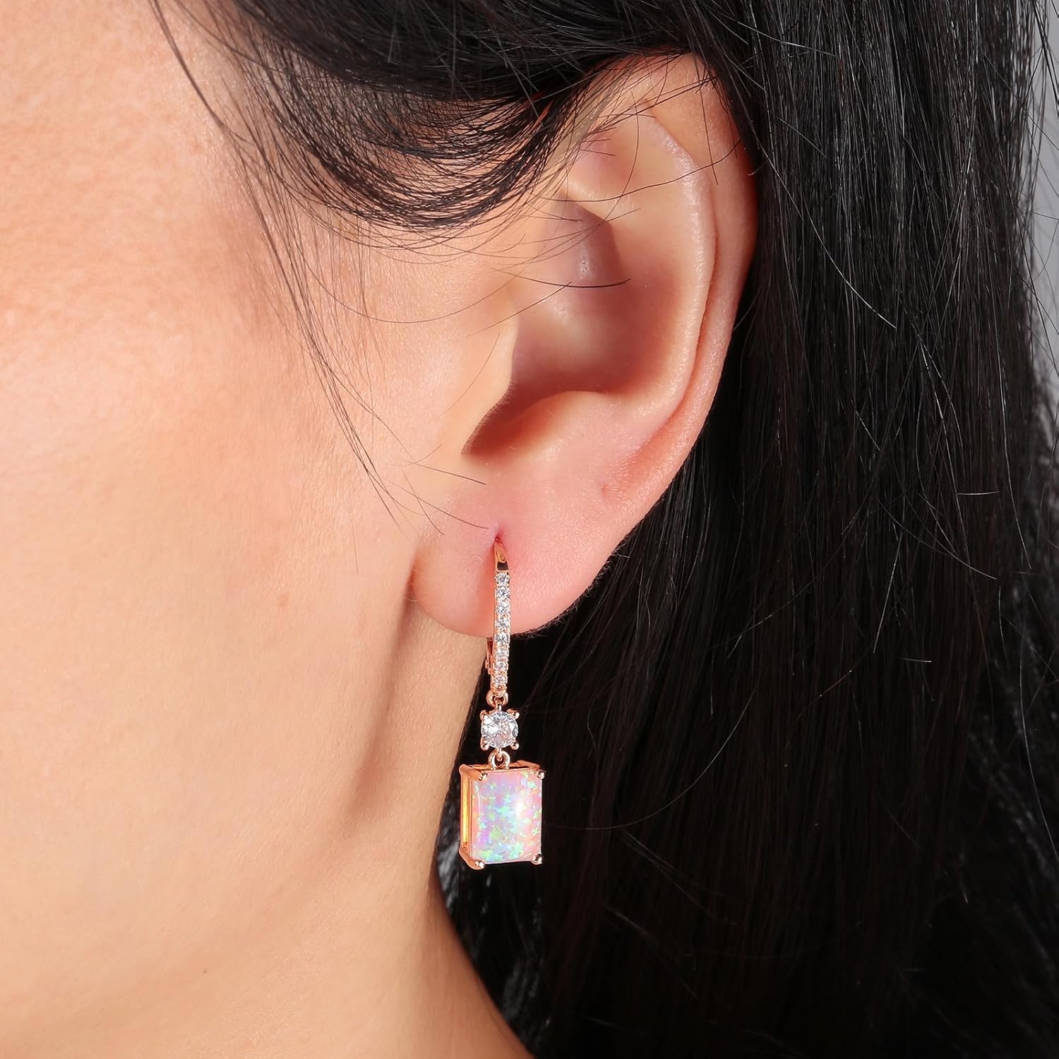 CiNily Rectangular Cut-Opal Earrings for Women Trendy Leverback Drop Earrings Hypoallergenic, Pendant Earrings 14K Rose Gold Plated Hanging Lever Earrings Pink Opal Hoops Fashion Jewelry Gifts - Image 2