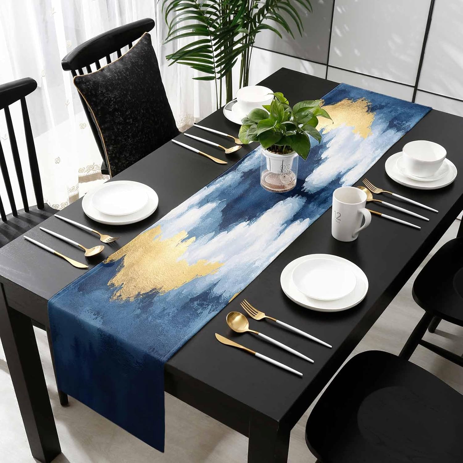 Navy Blue Gold Table Runner 90 Inches Long - Modern Abstract Wave Art Seaside Scenery Kitchen Dining Burlap Linen Tablerunner for Small/Round/Square/Wedding/Coffee/Dining Table Party Home Décor