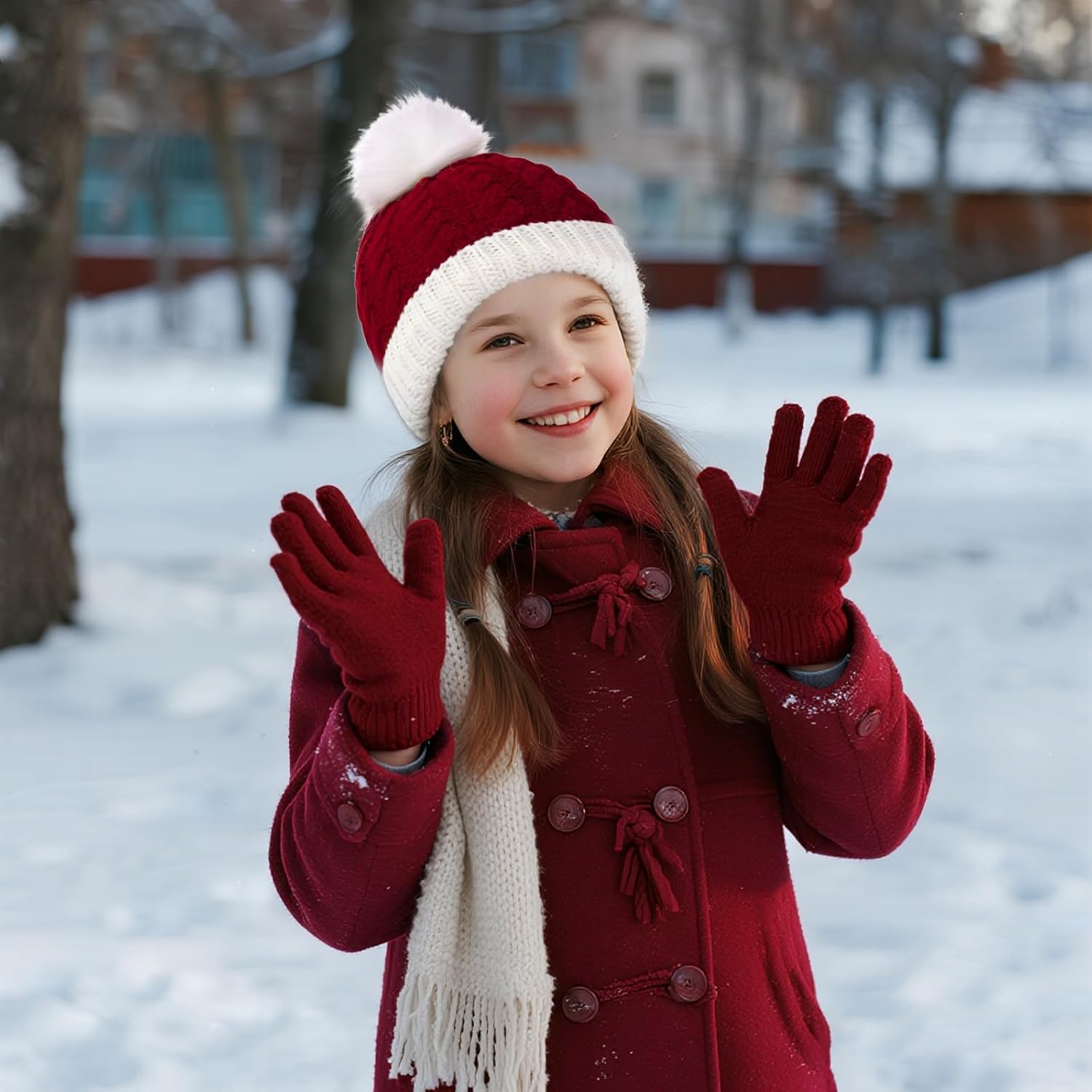Kids Christmas Santa Beanie Hat and Gloves Set for Boys Girls, Winter Knit Beanies Hat Cap and Gloves