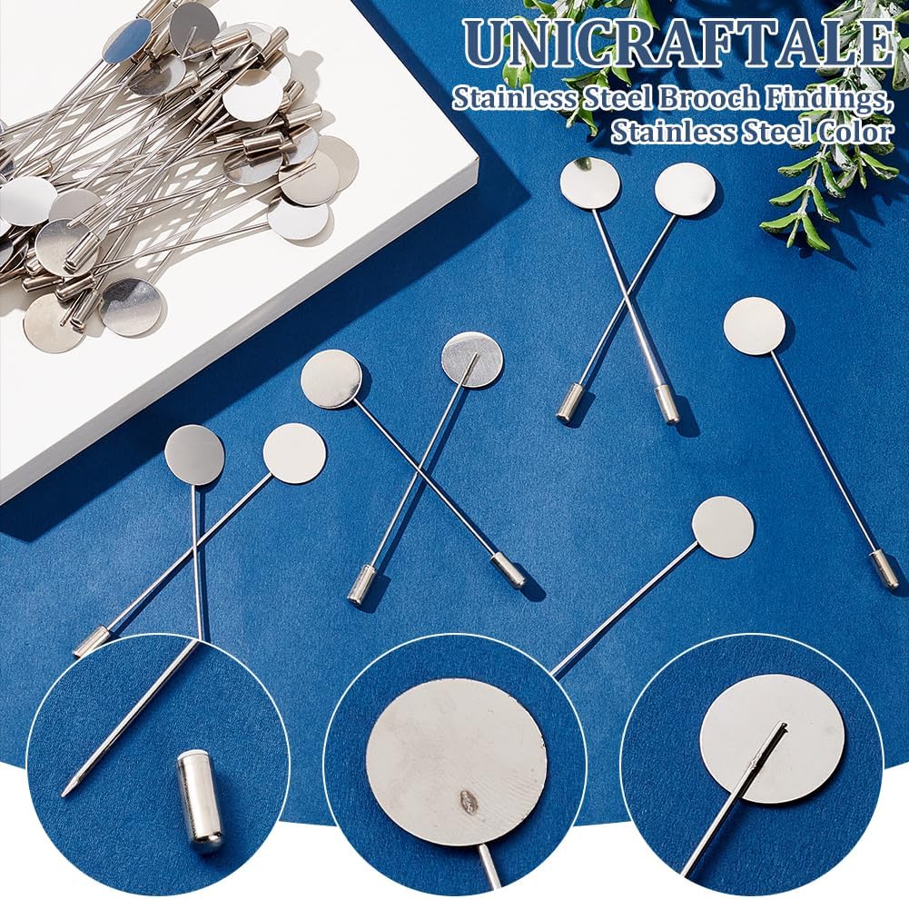 UNICRAFTALE 80Pcs Stainless Steel Brooch Findings 77mm Long Metal Flat Round Tray Lapel Pin Safety Pins Stick Pins Brooch Pin Needle Suit Tie Hat Pin Scarf Badge for Jewelry Making Accessories