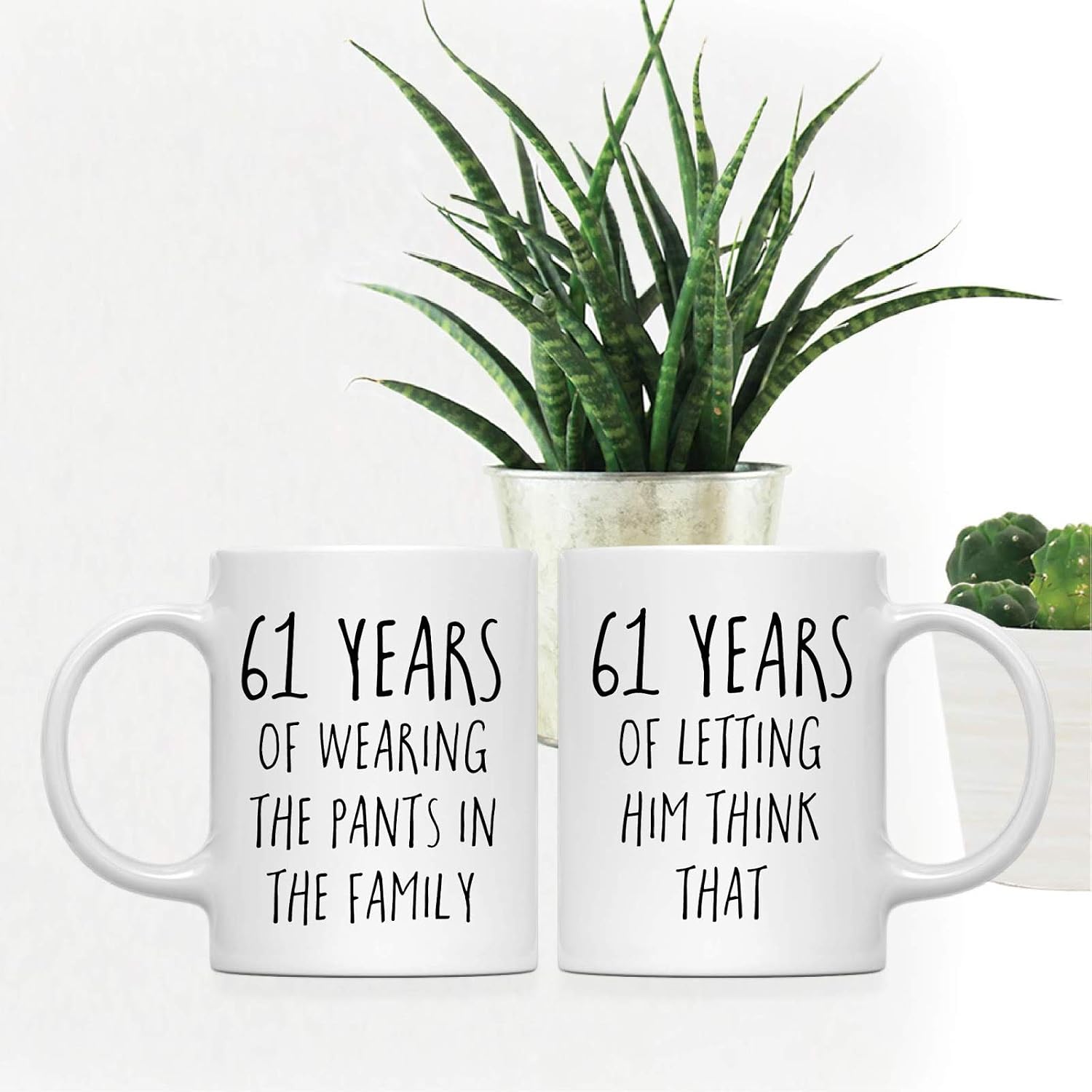 Andaz Press Funny 61st Wedding Anniversary 11oz. Couples Coffee Mug Gag Gift, 61 Years of Wearing the Pants in the Family, Letting Him Think That, 2-Pack with Gift Box for Husband Wife Parents