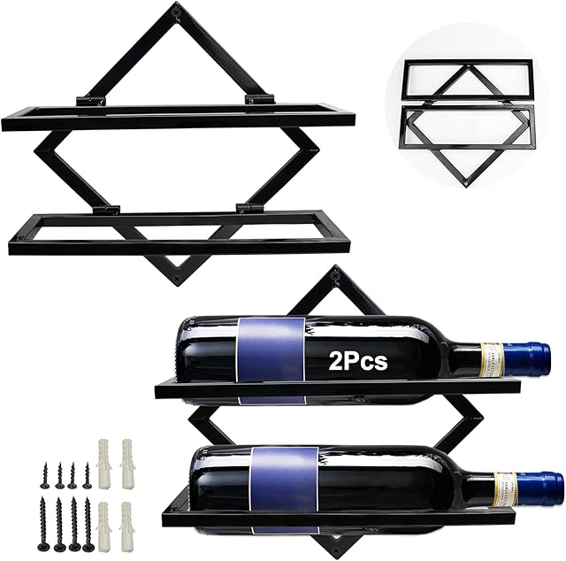 Metal Wall Mounted Wine Holder, Upgrade Foldable Hanging Wall Wine Rack Organizer for 2 Liquor Bottles, Red Wine Bottle Display Hanger with Screws for Home Kitchen Bar Wall Décor (2, Black)