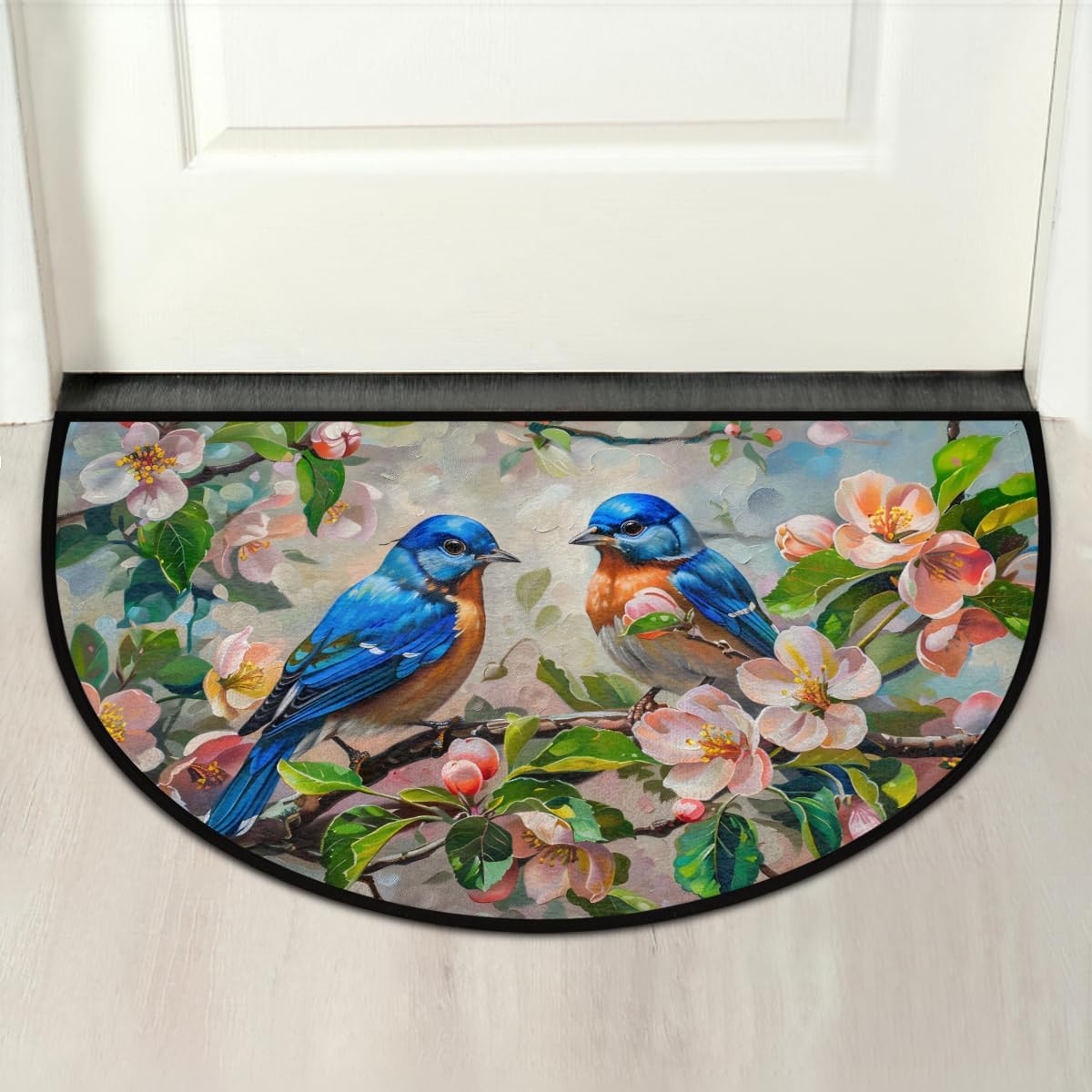 Flower Bird Oil Painting Half Round Door Mat Non-Slip Soft Doormats for Home Indoor Outdoor Entrance Bath Carpet Area Rugs for Home Dining Living Room Bedroom 36" X 24"