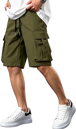 Comdecevis Mens Relaxed Fit Elastic Waist Drawstring Cargo Shorts