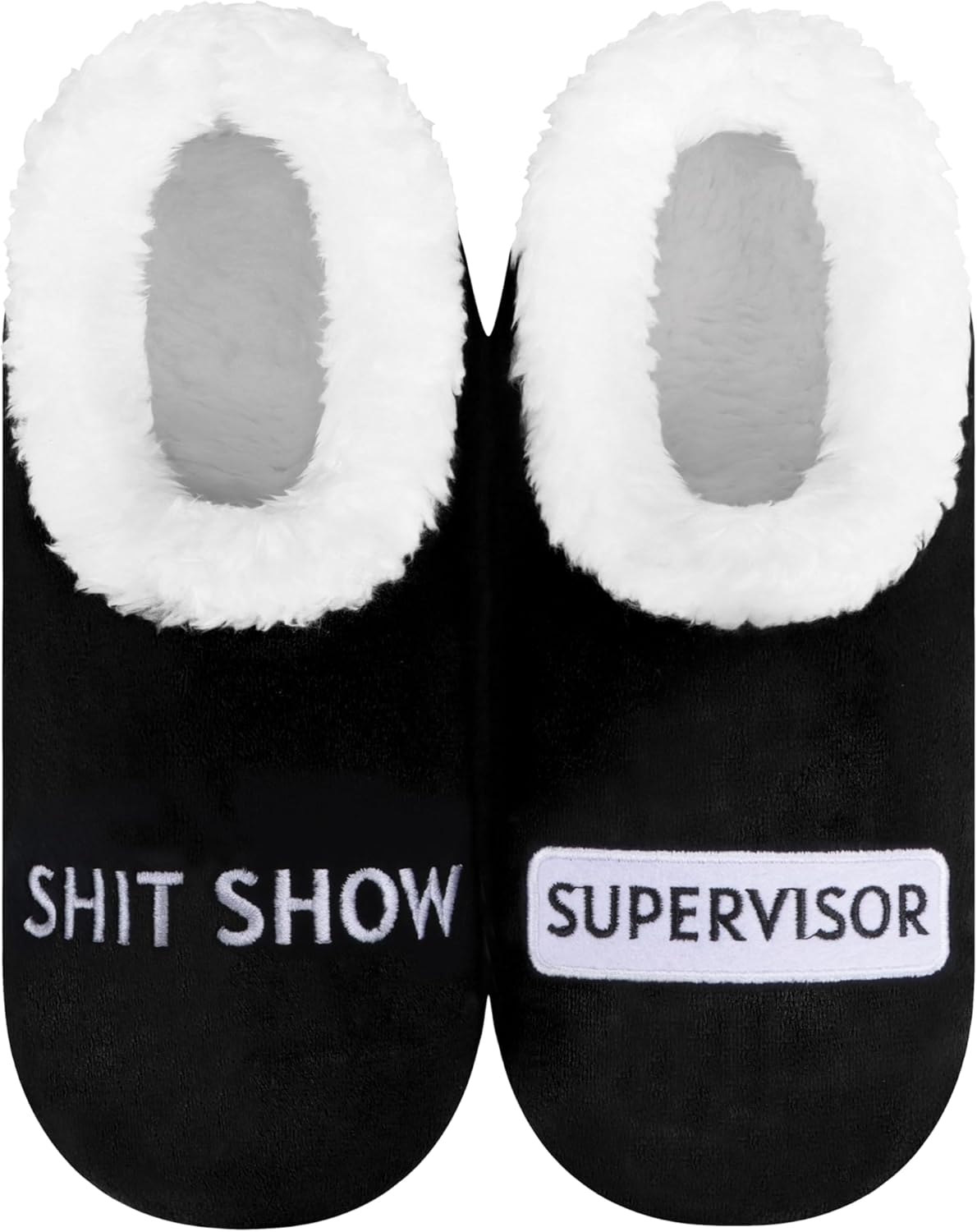 Snoozies Pairable Slipper Socks -Funny Quote House Slippers for Women, Non-Slip Fuzzy -Supervisor- Black-Small