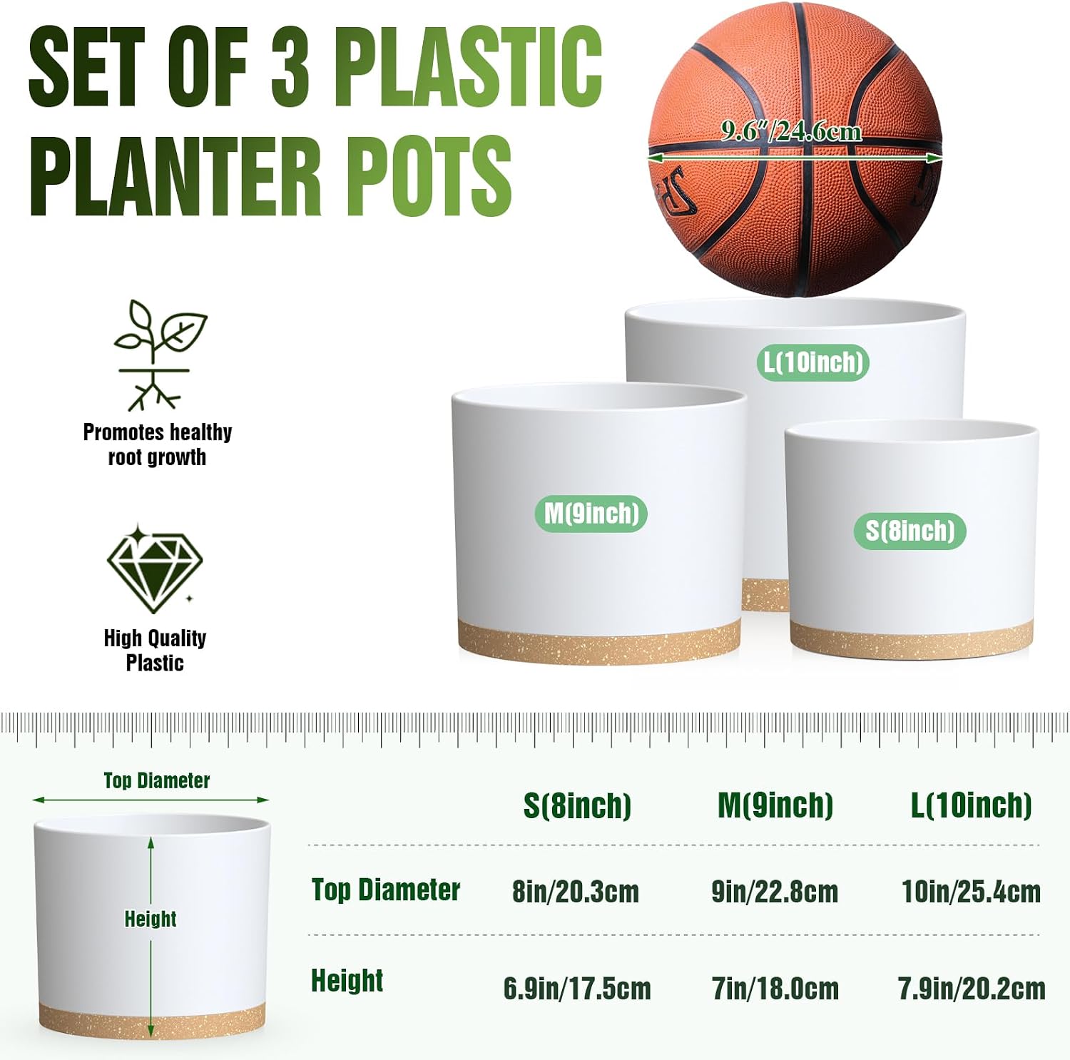 10/9/8 Inch Large Plant Pots with Drainage Holes and Trays, 3 Pack Modern Minimalist Cylinder Planters for Monstera, Snake Plant, Indoor Outdoor (Matte White & Brown)