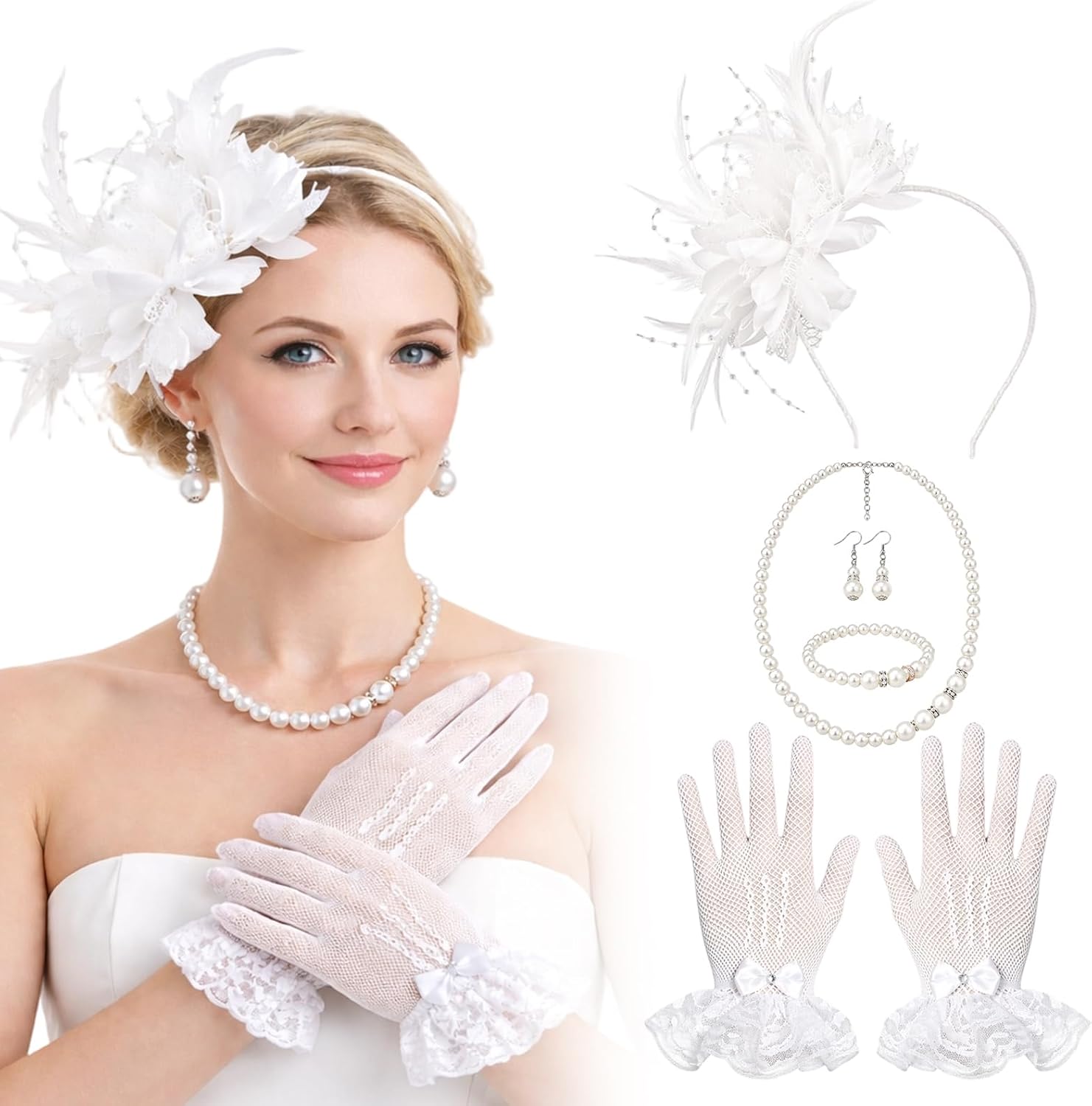 Tea Party Hat and Gloves Set, Lace Accessories for Women, Elegant Headpiece and Gloves Combo, Ideal for Bridal Showers