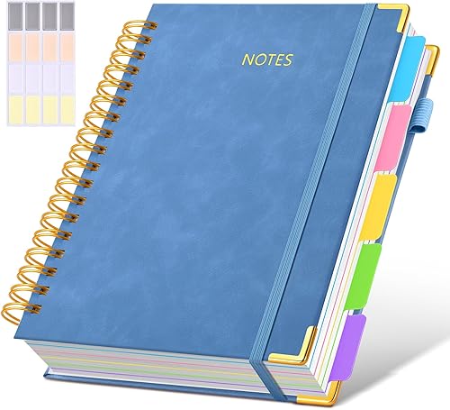 Miniatura 12 de Cuaderno universitario de espiral con tapa dura de cuero de 8 x 10 pulgadas, con pestañas separadoras extraíbles, para 5 materias, a rayas; diario