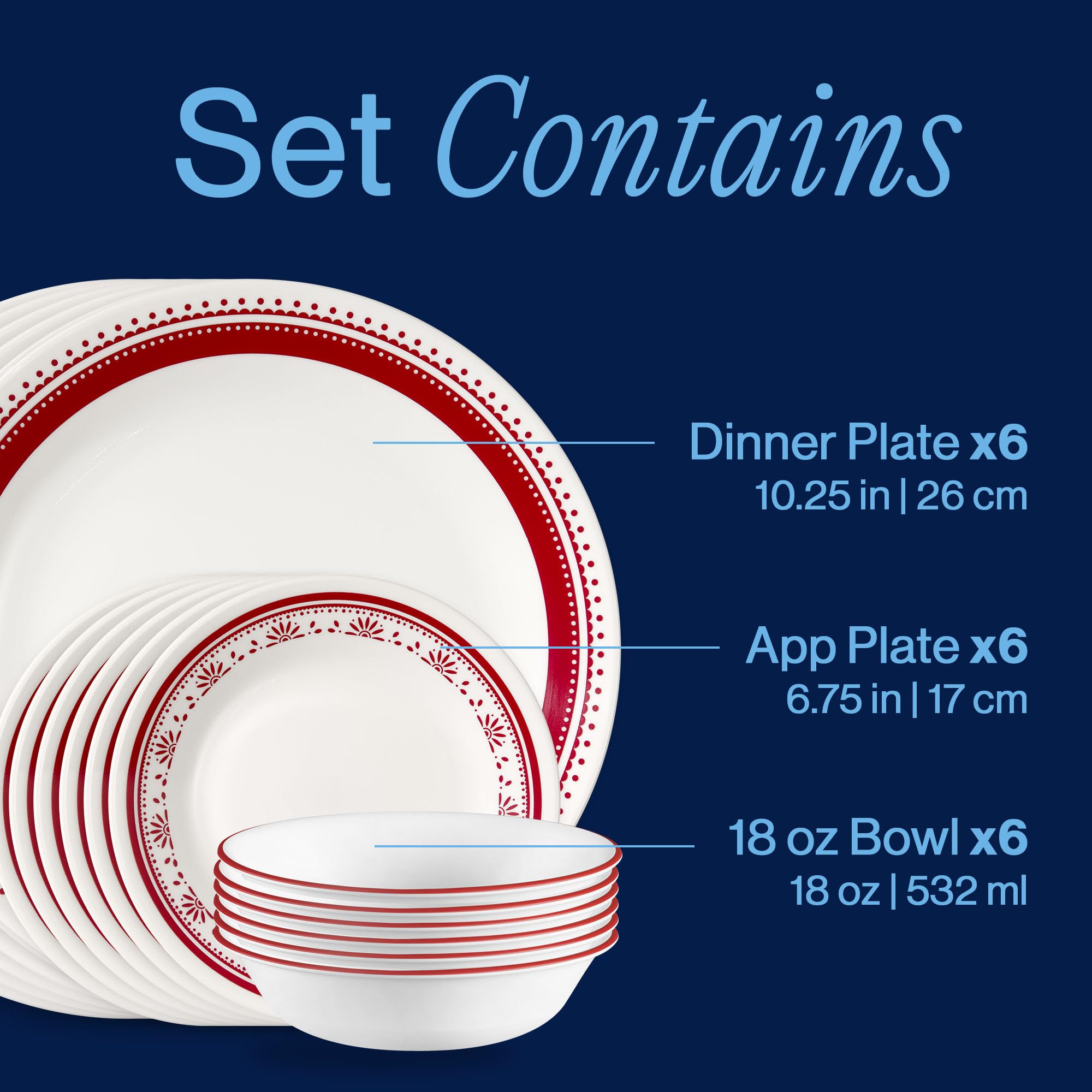 Corelle Everyday 18-teiliges Geschirr-Set, Service für 6 Personen, langlebig und umweltfreundlich, Glasplatte und Schüssel mit höherem Rand, mikrowellen- und spülmaschinenfest, Sadie