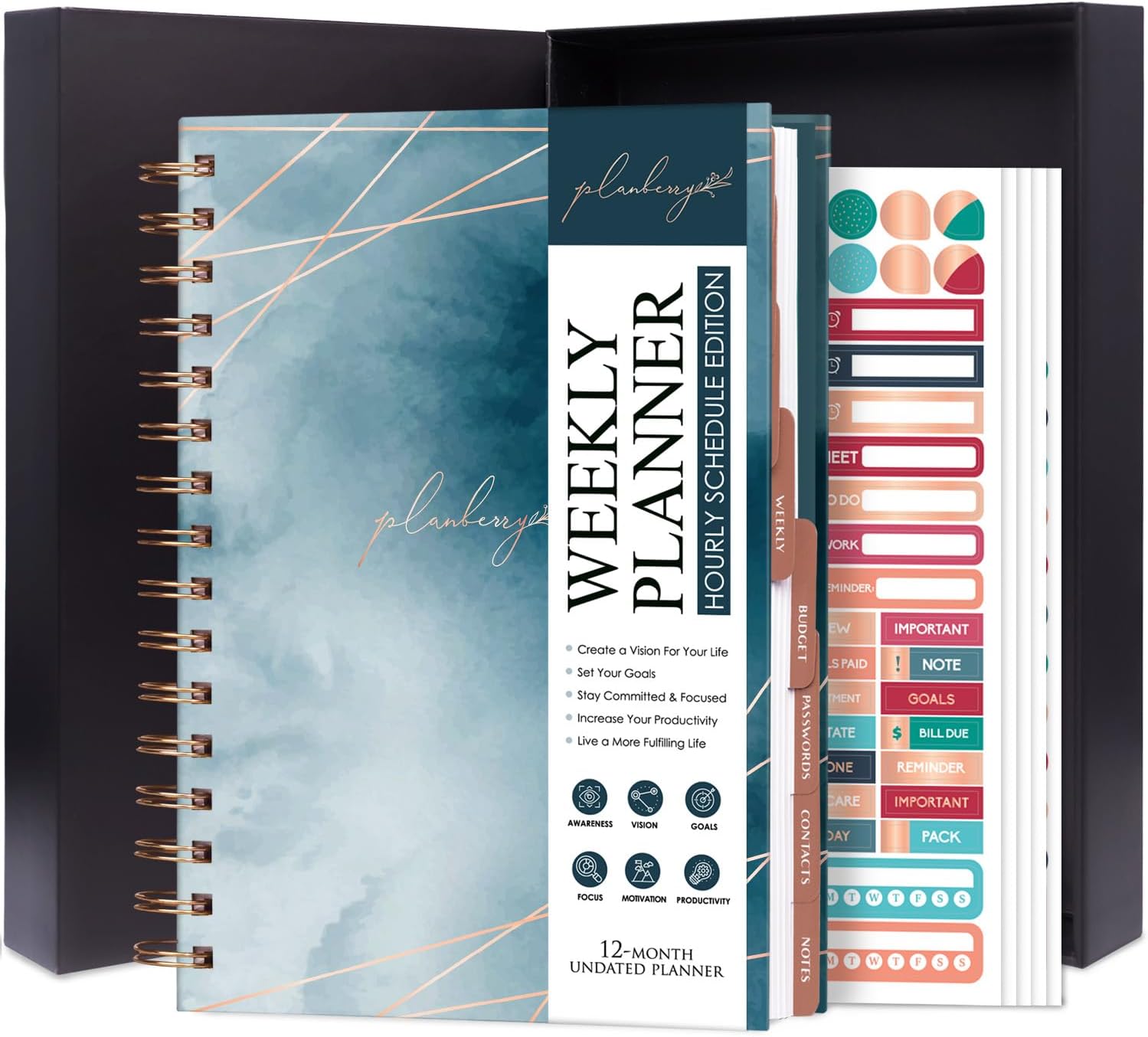 PLANBERRY Hourly Schedule Planner Premium – Undated Journal with Time Slots for Productivity & Budget Organizer, 6.9x8.5″ (Ocean Depths)