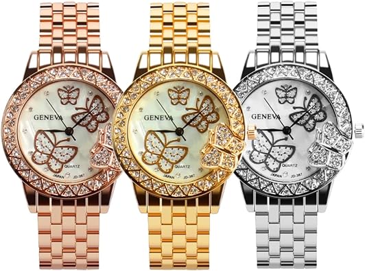 3Pack Ladies Steel Band Watch Butterfly Rhinestone Womoen Wrist Watch Quartz Dress Watches Wholesale