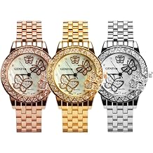 3 Pack Women Steel Band Watch Butterfly Rhinestone Wrist Watch Quartz Wrist Watch Wholesale, Bracelet Type