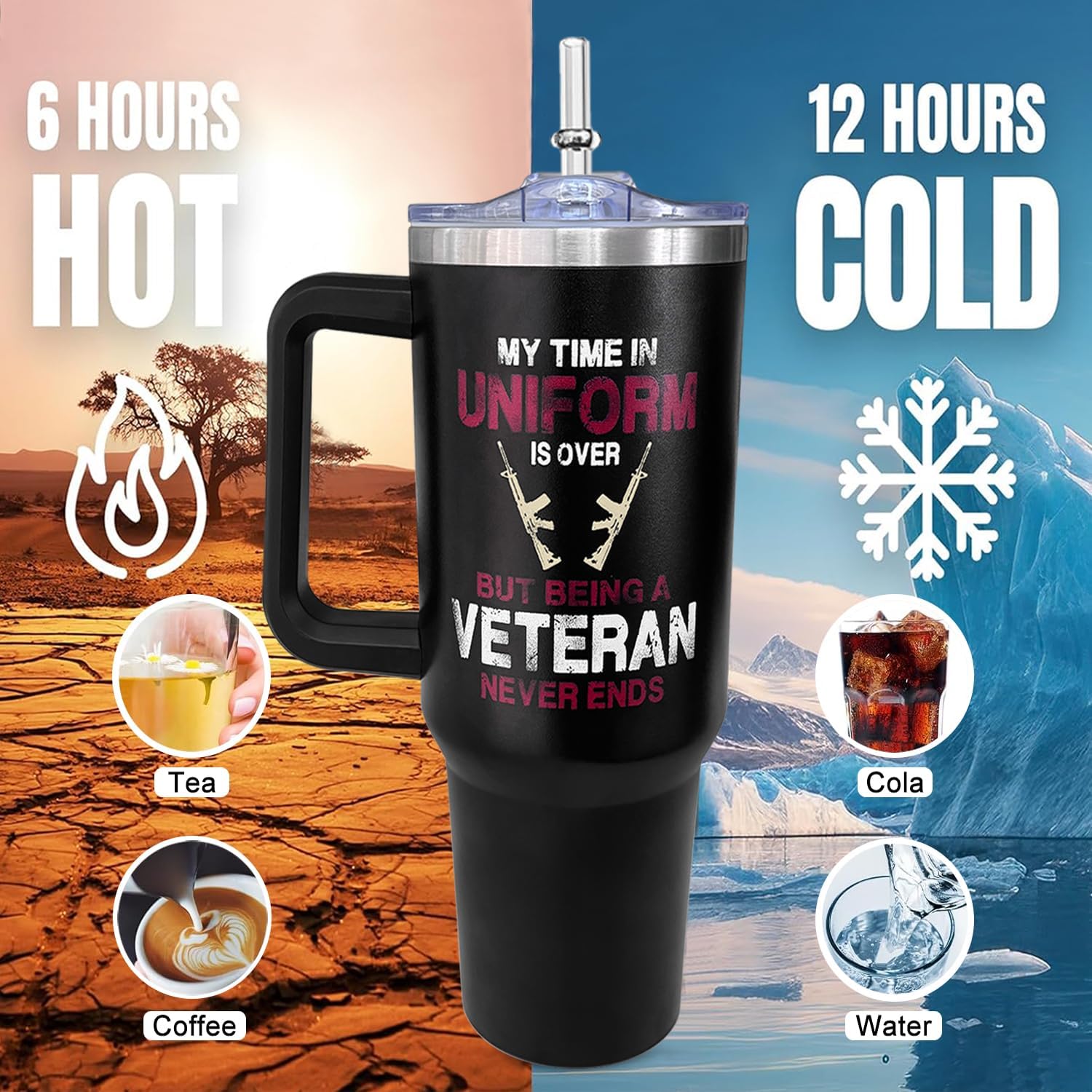 40 oz Veteran Tumbler With Handle Lid and Straw Gifts for Men.Navy/Army/Air Force/Marine Corps Veteran Gifts,Veterans Day/Memorial Day gifts for Proud Veterans,Patriotic Travel Mug Coffee Cup - Image 5