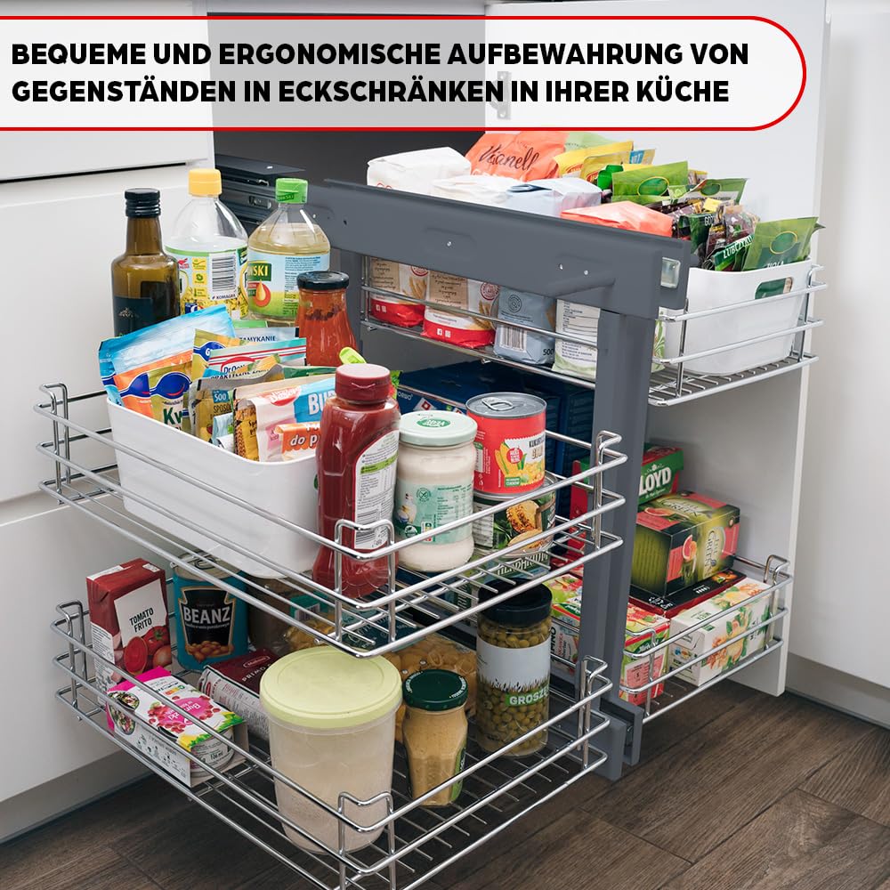 TMY Magic Corner Eckschrank Organizer Beidseitig Montierbar bis 50 kg | Ausziehbare Schublade Küche Stahl, Auszug Küchenschrank Soft-Close-Funktion, Teleskopschublade Ausziehbar für Küchen Schrank