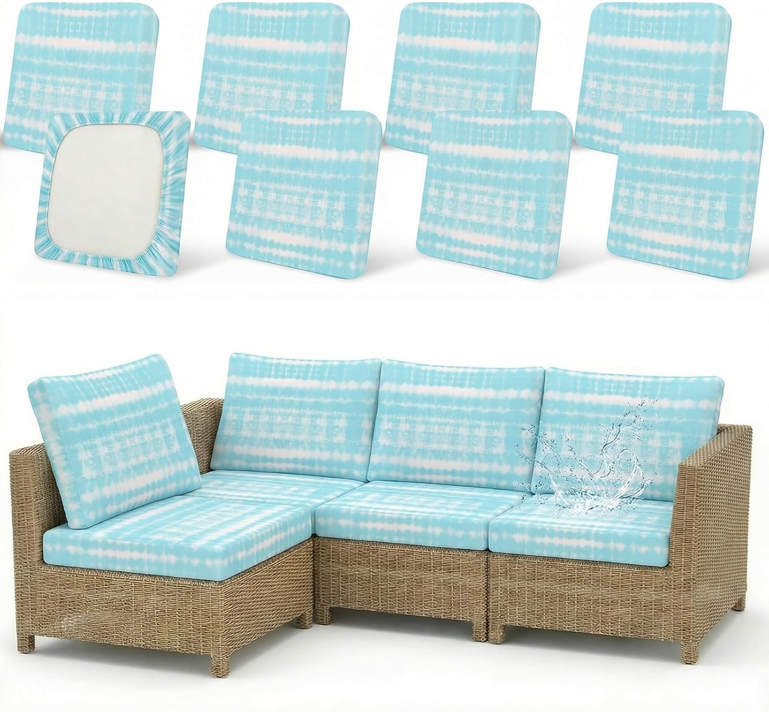 8 Pack Outdoor Cushion Covers Water Resistant High Stretch Fit Patio Cushion Covers 180g Couch Seat Slipcovers Machine Washable Pet & Kids Friendly Home Refresh 20-27 Inch, Teal Tie-Dye