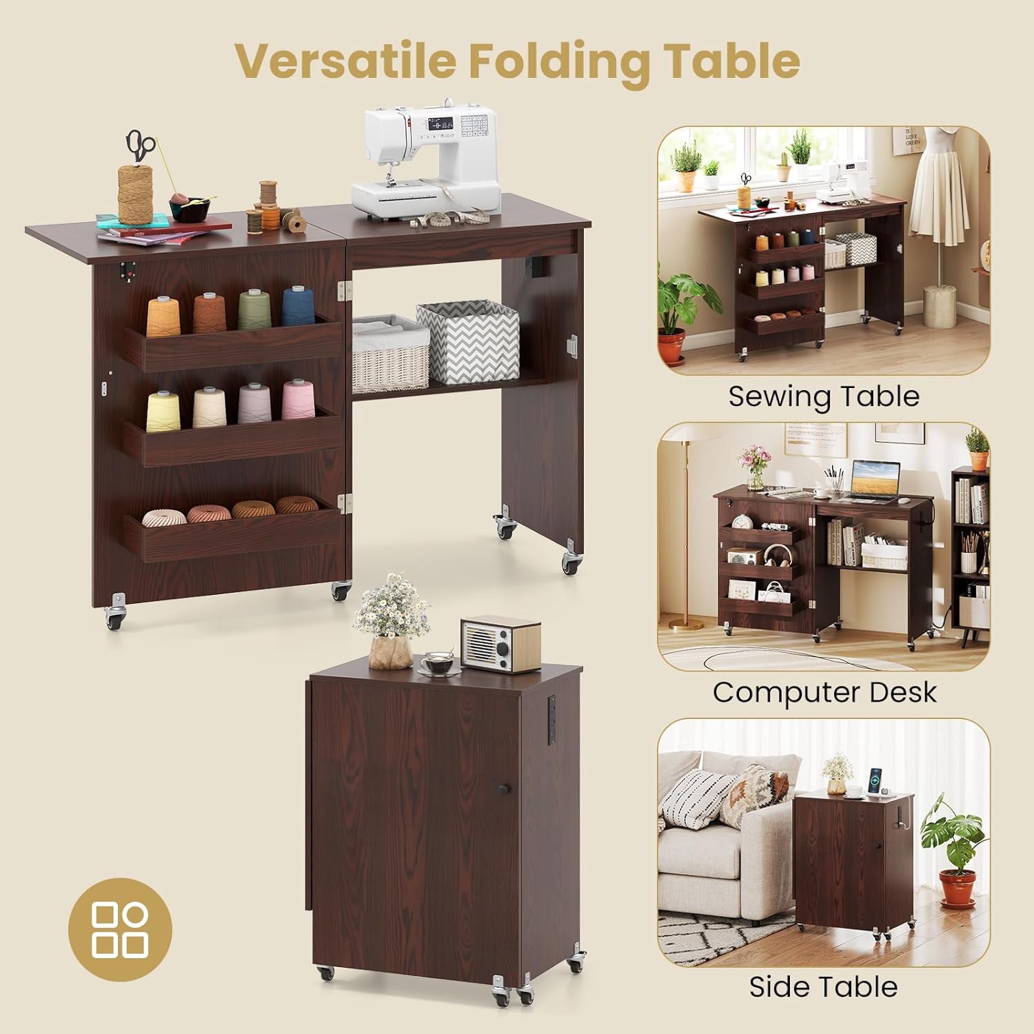 Giantex Folding Sewing Table with Storage, 3 Side Trays & Open Shelf, Built-in Charging Station, Mobile Craft Desk with Lockable Wheels, Space-Saving Sewing Machine Table for Home, Dorms, Espresso