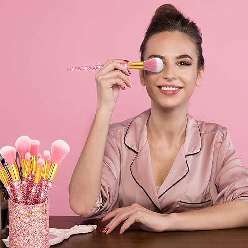 Miniatura 4 de Juego de 13 brochas de maquillaje con diamantes de imitación de cristal brillante, cosméticos profesionales para la cara, mezcla líquida, base,