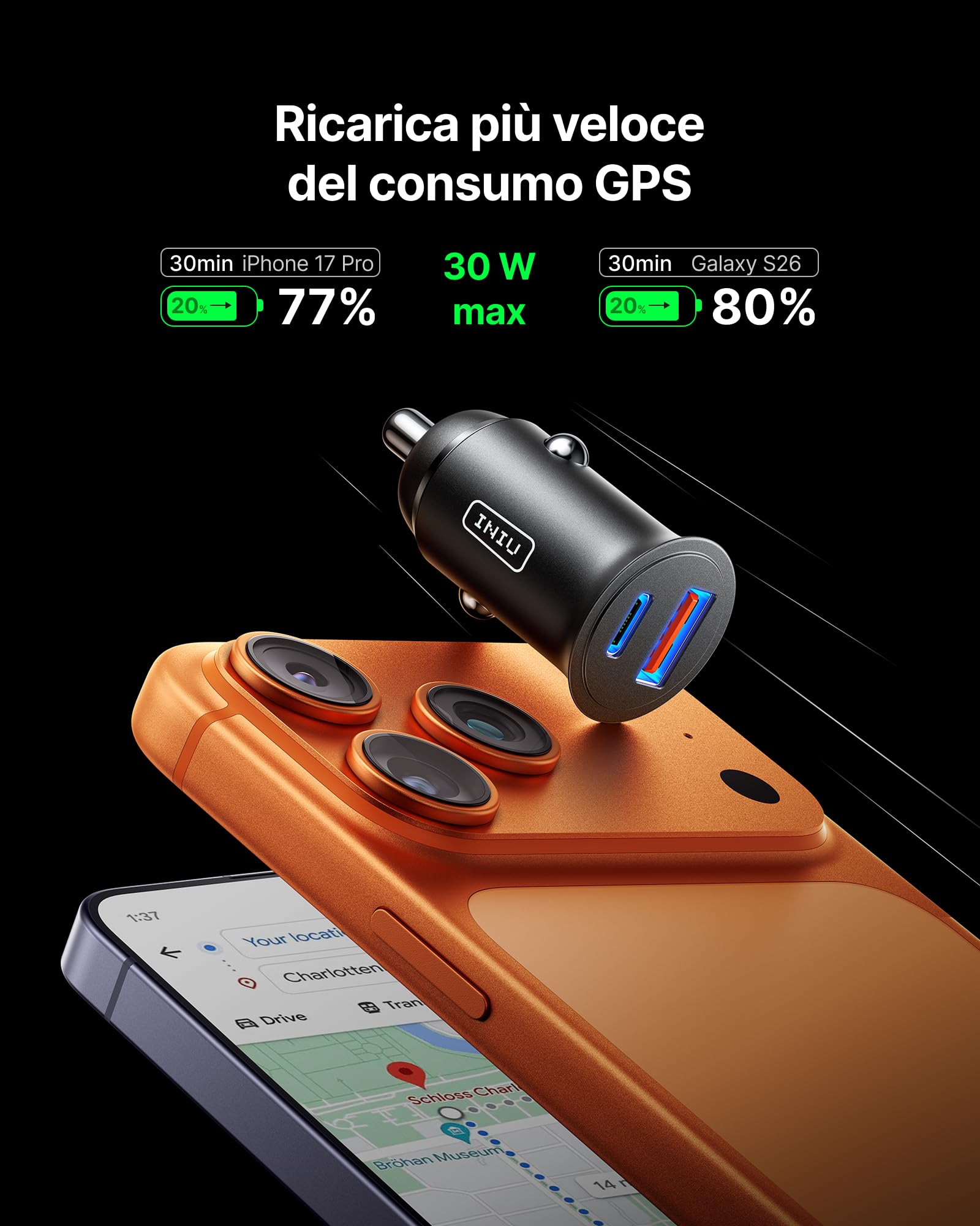 INIU Caricatore Auto USB C, 60W Combinati [Type C 30W + USB A 30W], Nero