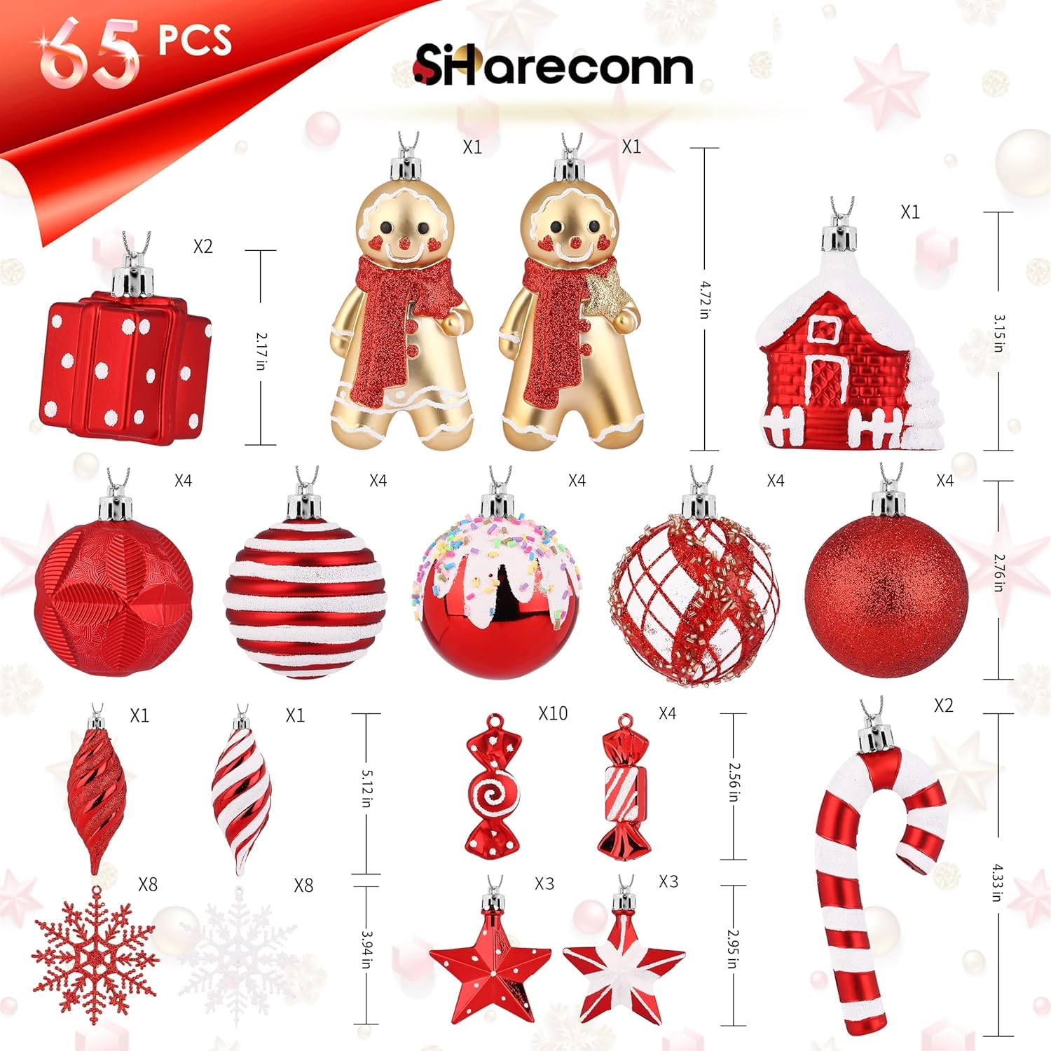 SHareconn Lot de 65 Boule de Noel, Boules de Noël en Plastique Incassable, Décorations Sapin de Noel, pour Decoration Noel Extérieur ou Intérieure, Décorer Sapin de Noël, Rouge et Blanc