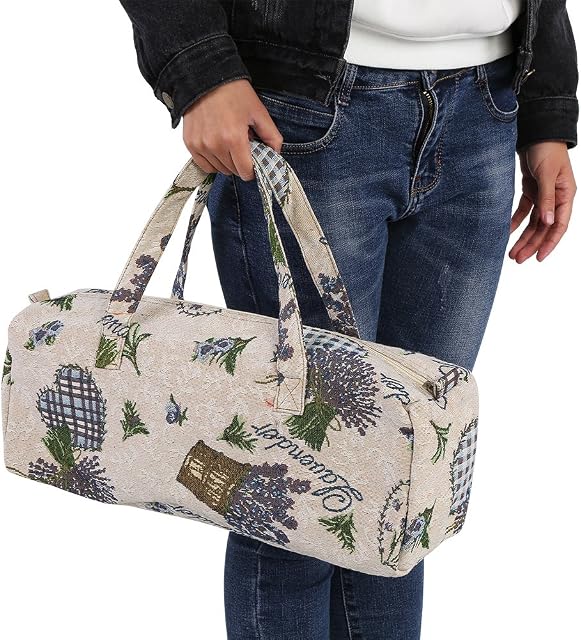 Knitting Needle Bag, Large Cotton and Linen Yarn Holder Wool Storage Bag with Zipper Compartment for Extra Long Knitting Needles, 15.75 x 5.51 x 5.51inch(Purple flower)