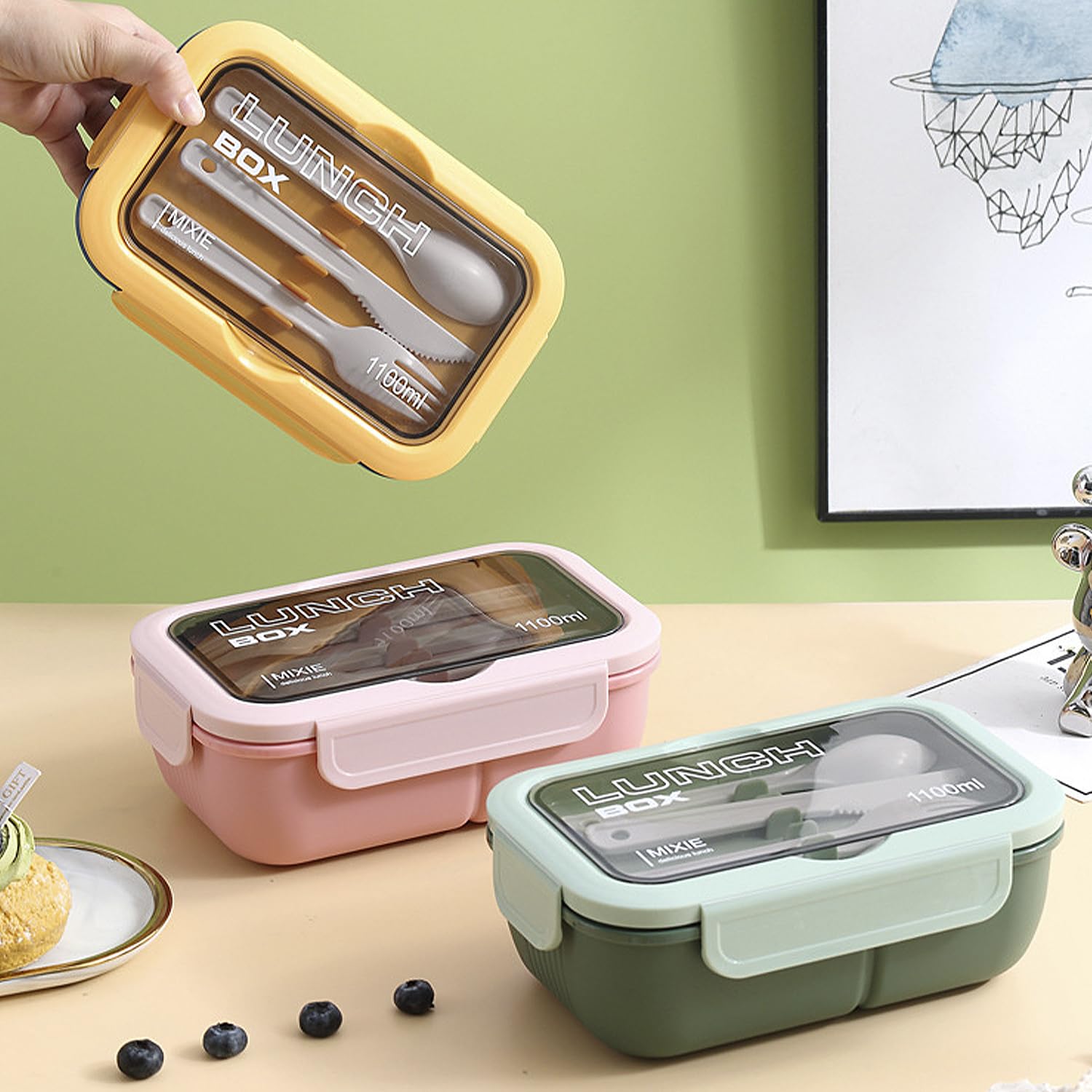 DAM Fiambrera hermética apilable para Guardar Alimentos, de 1100ml, Incluye tazón con Tapa y Cubiertos. 21x13x7,5 Cm. Color: Rosa Claro