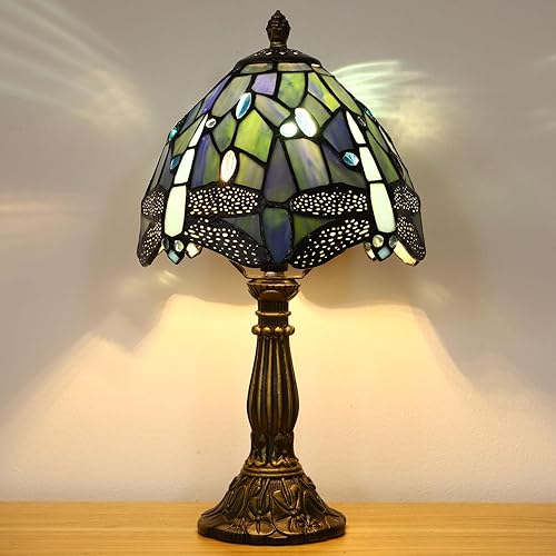 Miniatura 2 de Tiffany - Lámpara de mesa pequeña, diseño de libélula azul, 3 colores de temperatura, lámpara de mesa antigua, lámpara de mesita de noche para