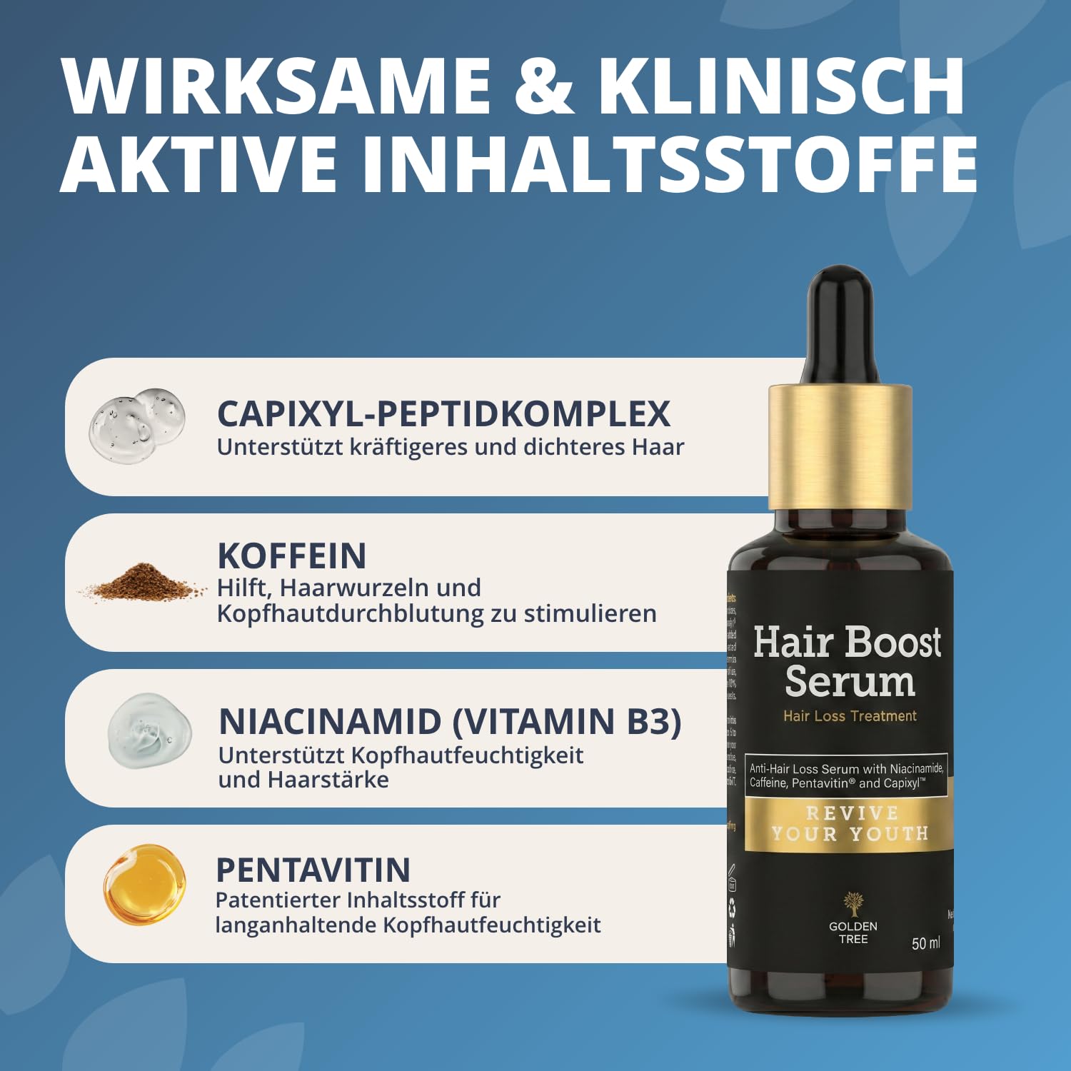 Golden Tree Hair Boost Serum – Haarserum, 50 ml | Koffein, Niacinamid, Saccharide Isomerate, Biochanin A & Rotklee-Extrakt, Haarwachstum Serum, Für dünner werdendes Haar