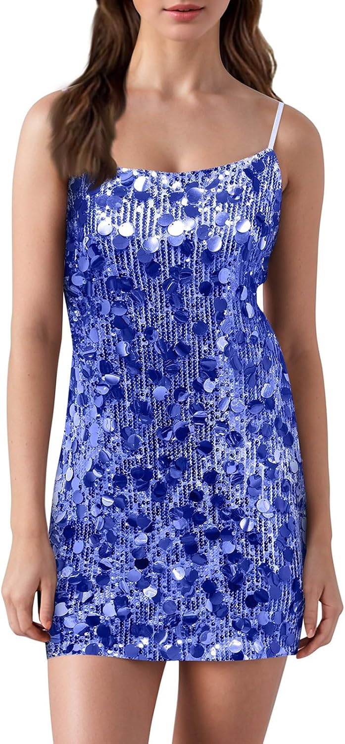 Sexy Sequin Mini Dress for Women Spaghetti Strap Backless Sparkly Bodycon Dress for Night Club Evening Cocktail Party