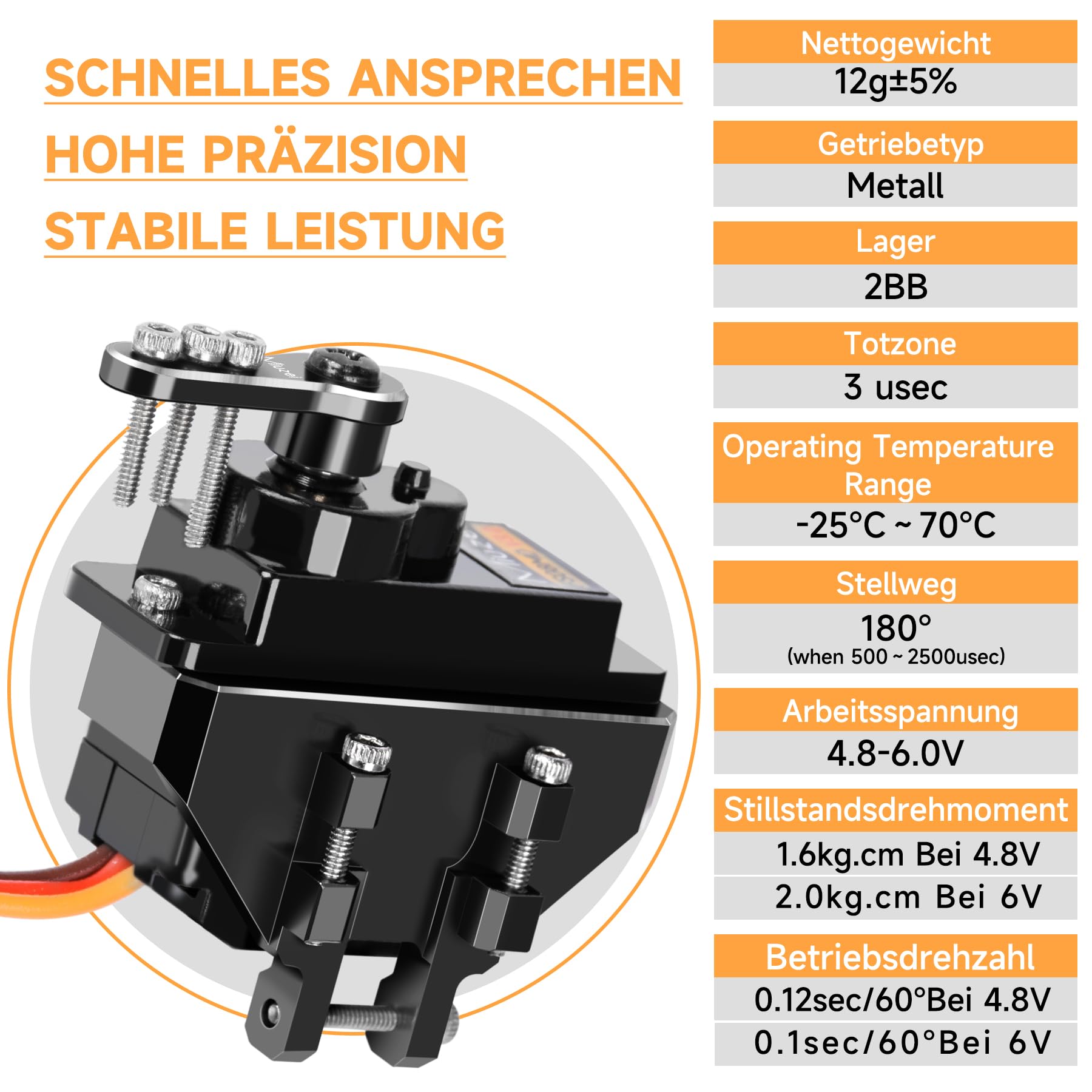Miuzei Micro Digitale Servomotore 12g 180° Metallo Rame Ingranaggi per Arduino SCX24 AX24 Robotico Braccio Auto 1/24 con Servomotore Cavo, Corno e Supporto Accessori (Neri 2 Pezzi)