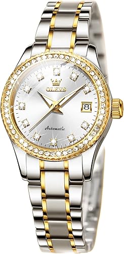 OLEVS - Reloj automático para mujer de oro, lujo con diamante, de cuerda automática, relojes de pulsera para damas impermeables, luminosos, con fecha