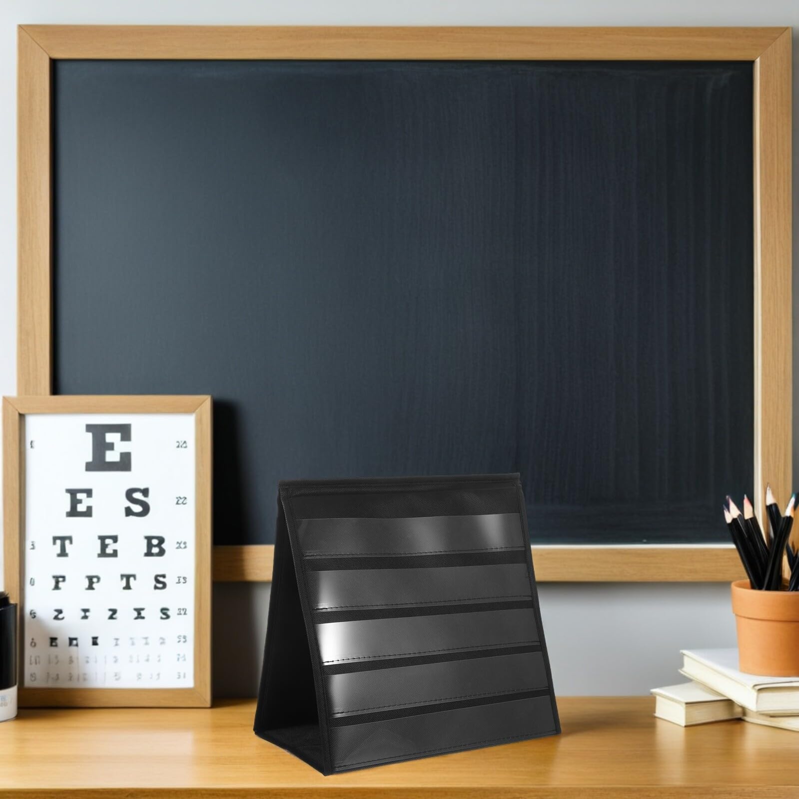 AMUSLESUR Présentoir à Cartes de Visite Triangulaire Noir Petit, Étagère D'exposition Double Face Pliable pour Bureau, Support Organisé pour Cartes Postales, Autocollants et Fiches