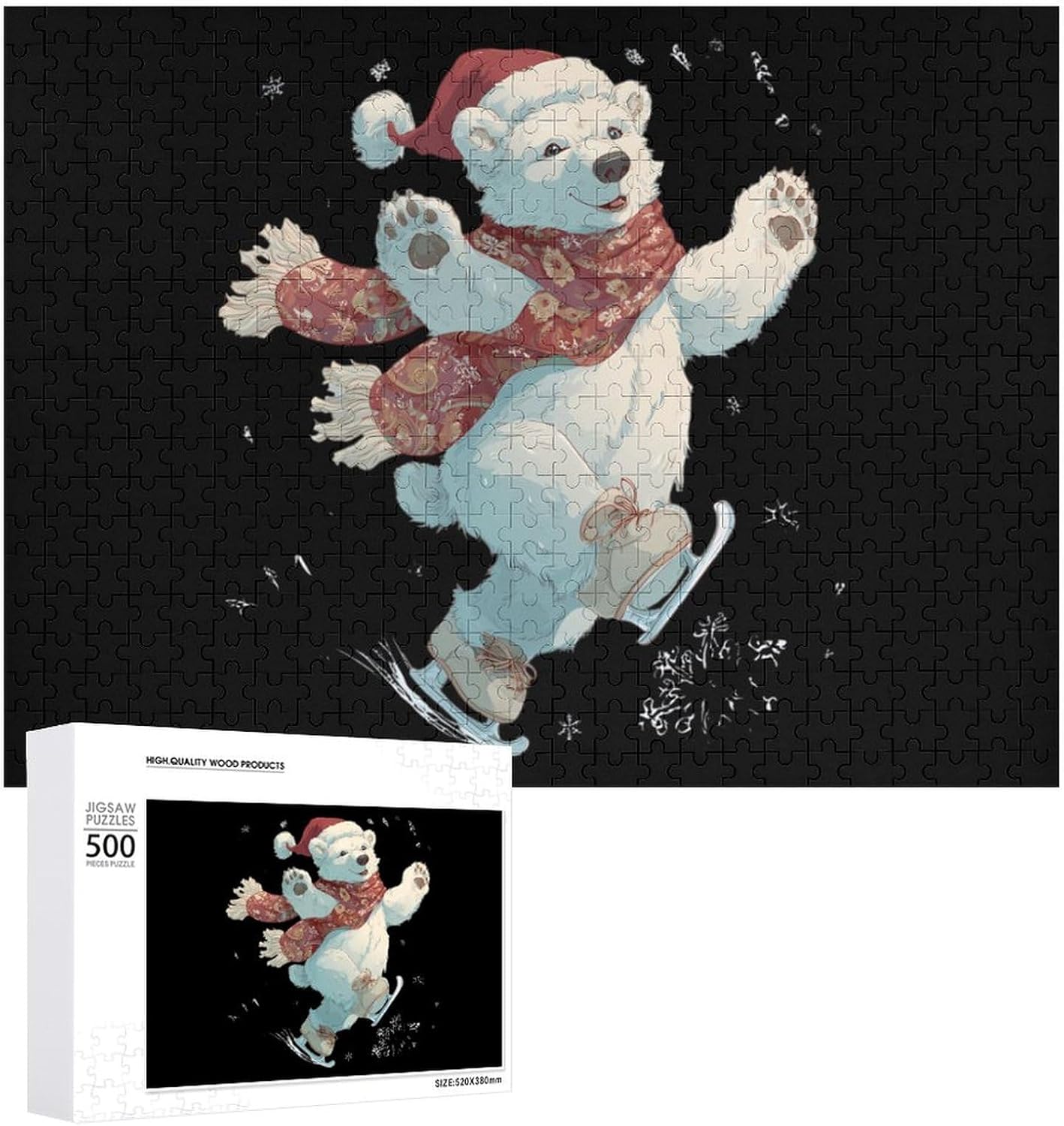 Christmas Bear Ice Skating Puzzles for Adults 500 PCS Wooden Jigsaw Puzzle Wall Decor Christmas