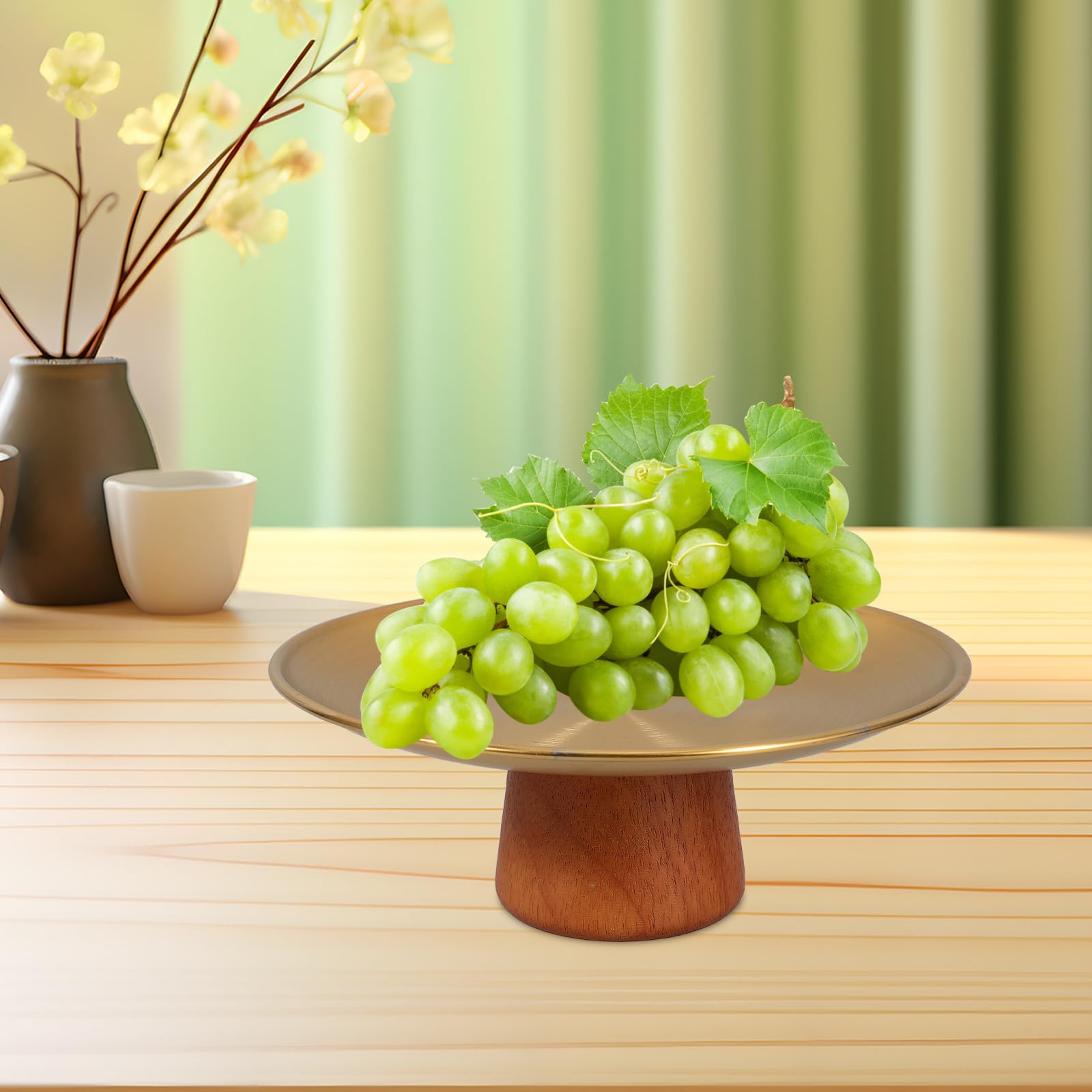 Elegante ciotola per frutta in acciaio inox con piede alto e base in legno, vassoio decorativo rotondo per frutta fresca, dessert e snack, robusta, facile da pulire, elegante espositore per cucina