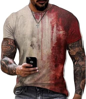 AYNKH Horror Bloody Halloween T-Shirt, Short Sleeved Round Neck T-Shirt, Blood Splatter Pattern Top Shirt, Horror Bloody Printed Short Sleeved Shirt