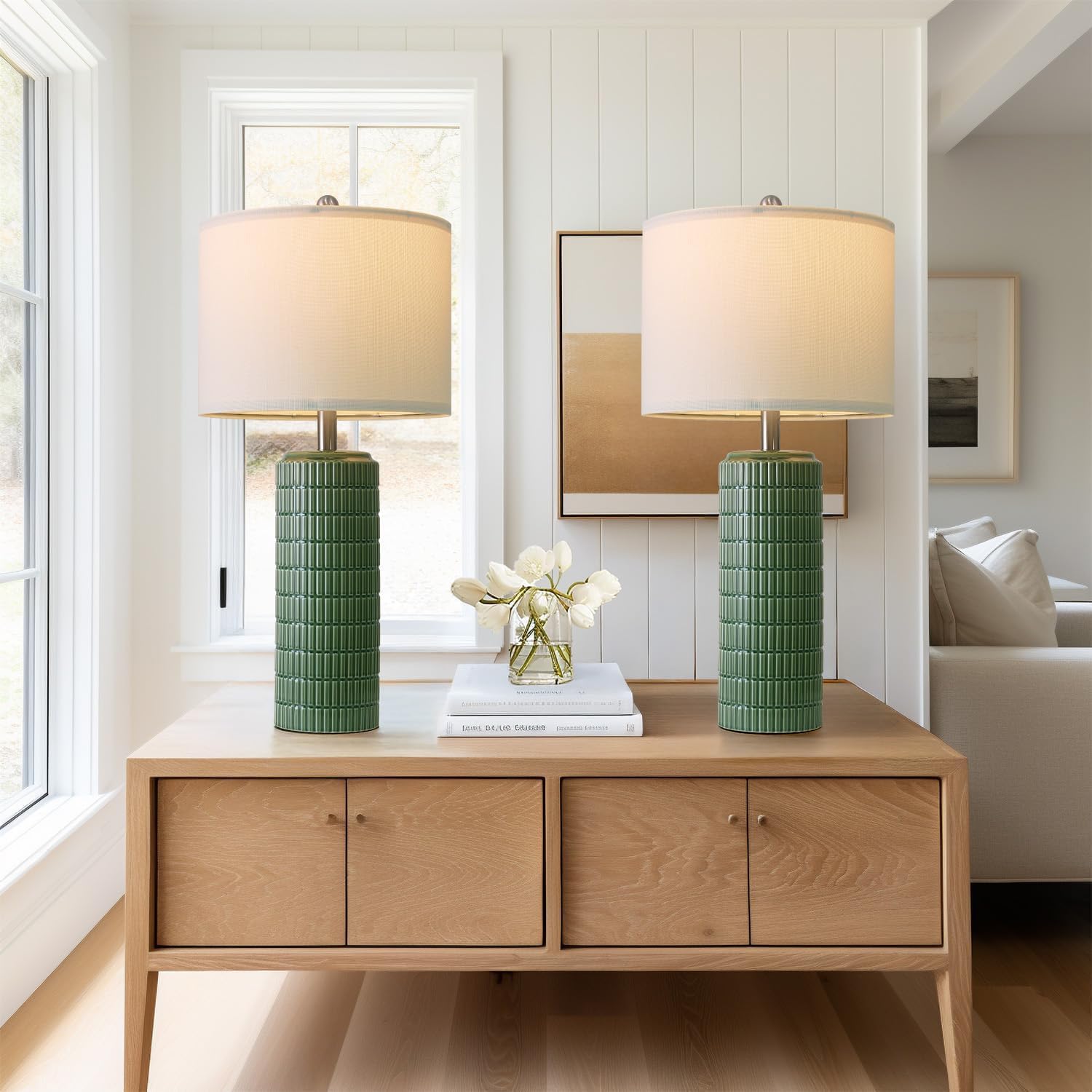 PoKat 27.5 Dark Green Ceramic Table Lamps for Living Room, Farmhouse Table Lamps Set of 2 for Bedroom Night Stands, Modern Bedside Lamps for End Side Table, Vintage Nightstand Decor Lamps Home Office