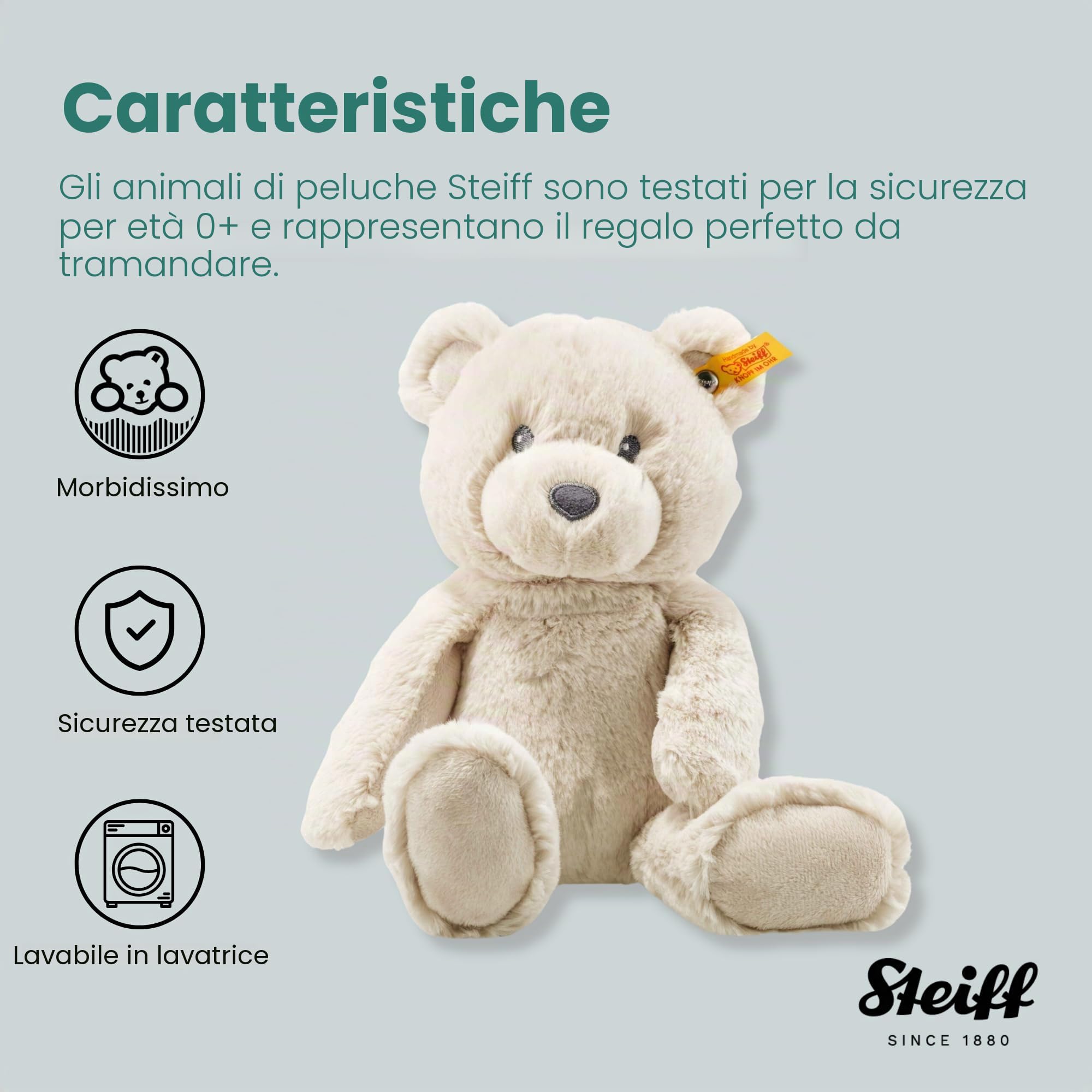 Steiff Bearzy Orsacchiotto beige, 28 cm, peluche orsacchiotto in peluche, per coccolare e giocare per neonati e bambini, Soft Cuddly Friends, peluche per la pelle delicata dei bambini, lavabile in