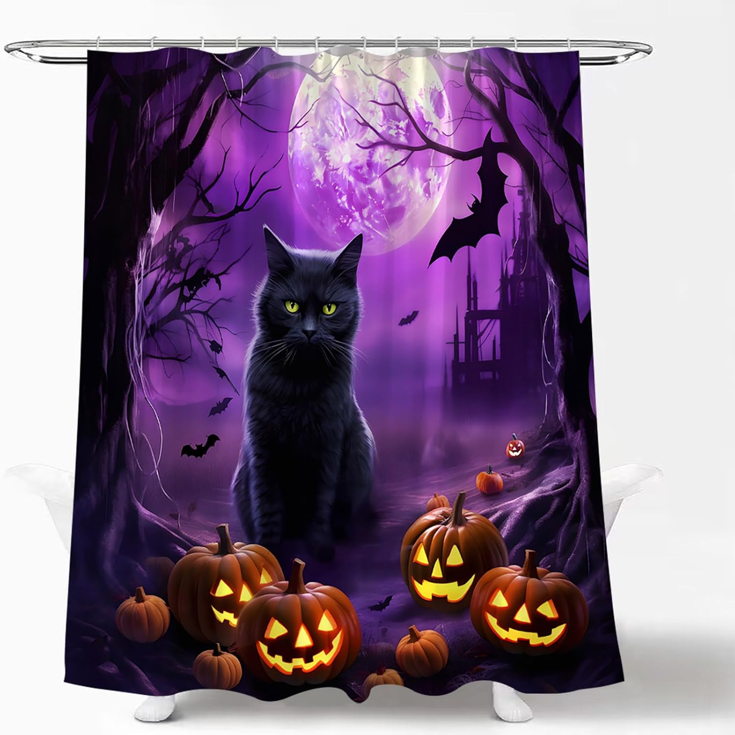 Halloween Shower Curtain Purple Scary Night Black Cat Bat Horror Castle Full Moon Black Dead Tree Haunted House Pumpkin Courtyard Gothic Spooky Fabric Bathroom Curtain Set with Hook
