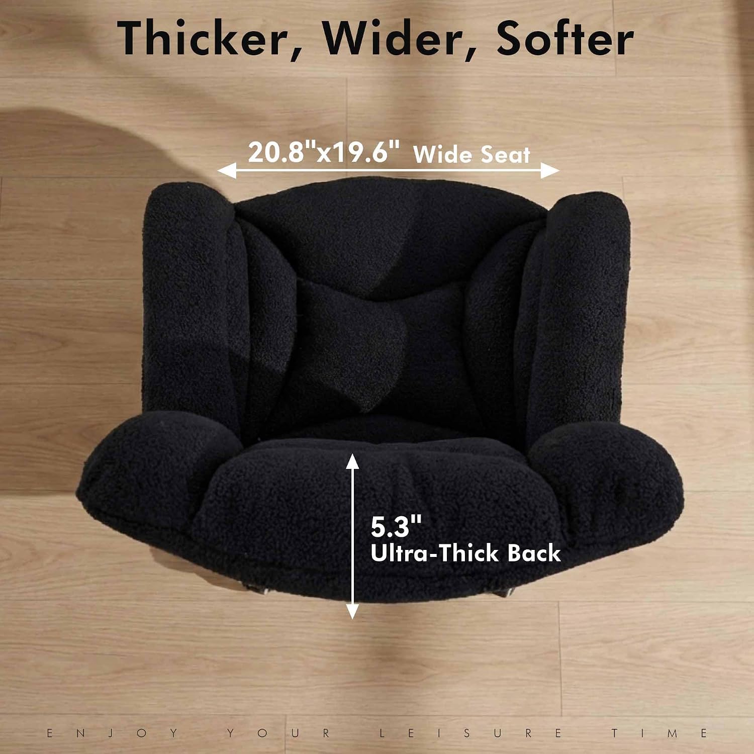 Oversized Teddy Office Desk Chair with Lumbar Support and Side Pockets, Swivel Vanity Mackup Armchair Height Adjustable, Heavy Duty Cross-legged Chair with Silent Wheels for Bedroom, Black
