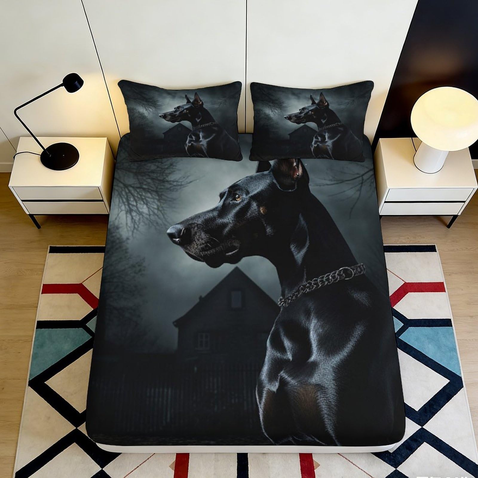 Qjzxknhpgr Style-6 3D Printed Black Doberman Fitted Sheet Microfiber Soft Bedroom Decor Animal Bed Cover For Mattress Protection 90X200x25cm