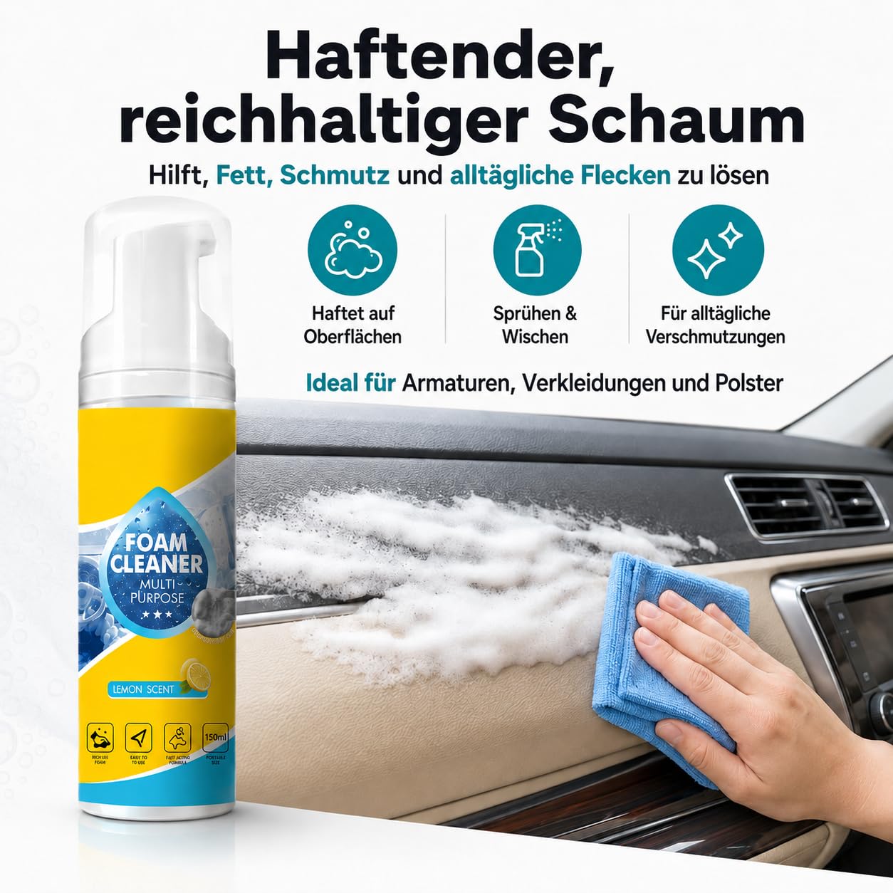 4-in-1 Mehrzweck-Schaumreiniger Spray, 150 ml / 5 fl oz, Reinigungsschaum zum Sprühen und Abwischen für Autoinnenraum, Küchenoberflächen, Badezimmerfliesen und Polster (2)