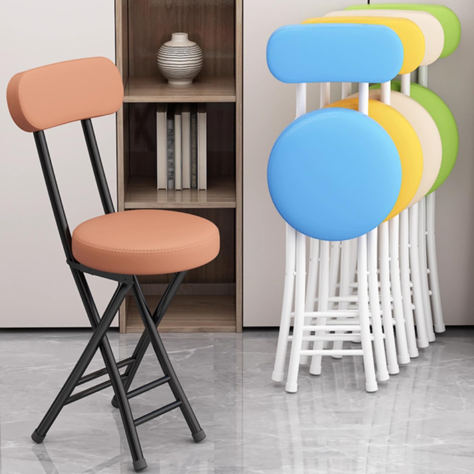 Taburete Plegable Alto para Barra de Cocina, Asiento Interior y Exterior, Respaldo Acolchado, Ahorra Espacio, Taburete Plegable para el hogar.