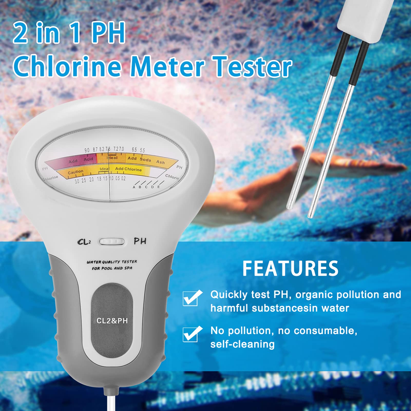 Geevorks 2 in 1 PH Tester per misuratore di cloro PH Tester Dispositivo per test di qualità dell'acqua di cloro CL2 Misurazione per acquario in piscina