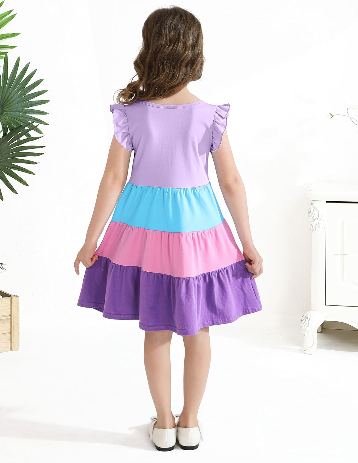Poroka Girls Ruffle Sleeve Dress Tiered Swing A-Line Twirly Skater Midi Casual Dress for Kids with Pockets Summer Fall Winter 5T Lilac image 4 of 6 B0DQDCZ365