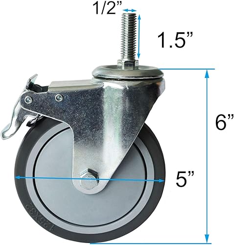 Miniatura 4 de AAGUT Juego de 4 ruedas giratorias de bloqueo de 5 pulgadas, ruedas de vástago roscado de 12"-13 x 1.5" con freno de goma TPR gris