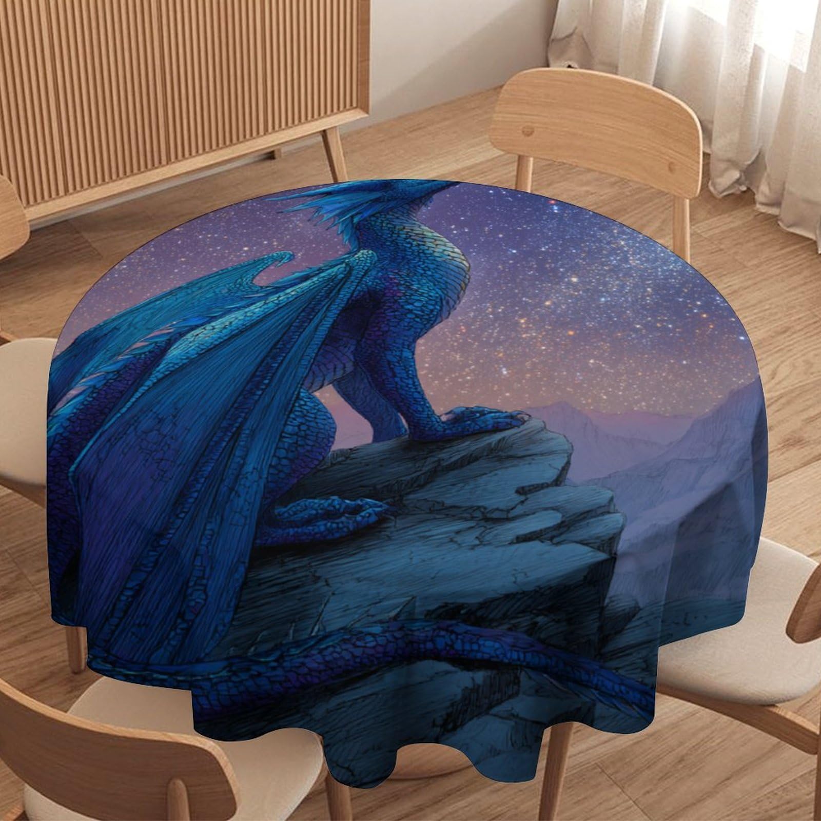 LUYYSKY Colorful Cool Mythical Dragon Round Tablecloth Rustic Mid Century Starry Sky Fantasy Animal Western Dragon Print Washable Decor for Table Cover for Kitchen-91.4" Wx91.4 L cm