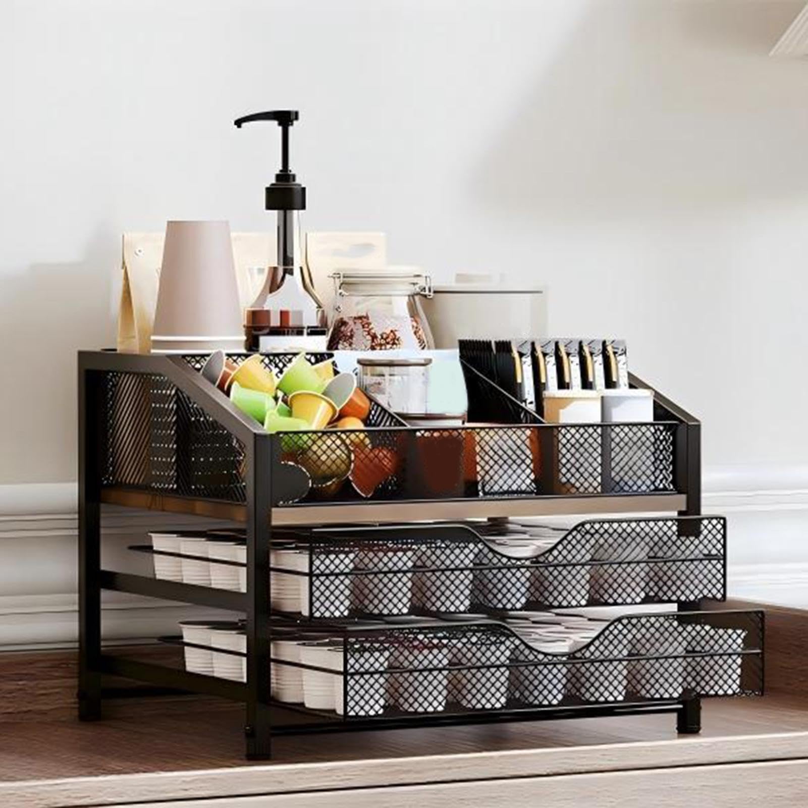 Portacápsulas para encimera Estante Cajón Metálico y de Madera Gran | Soporte para Cápsulas Para escritorio, pared, , cocina, barra y estación de café, estante y expositor