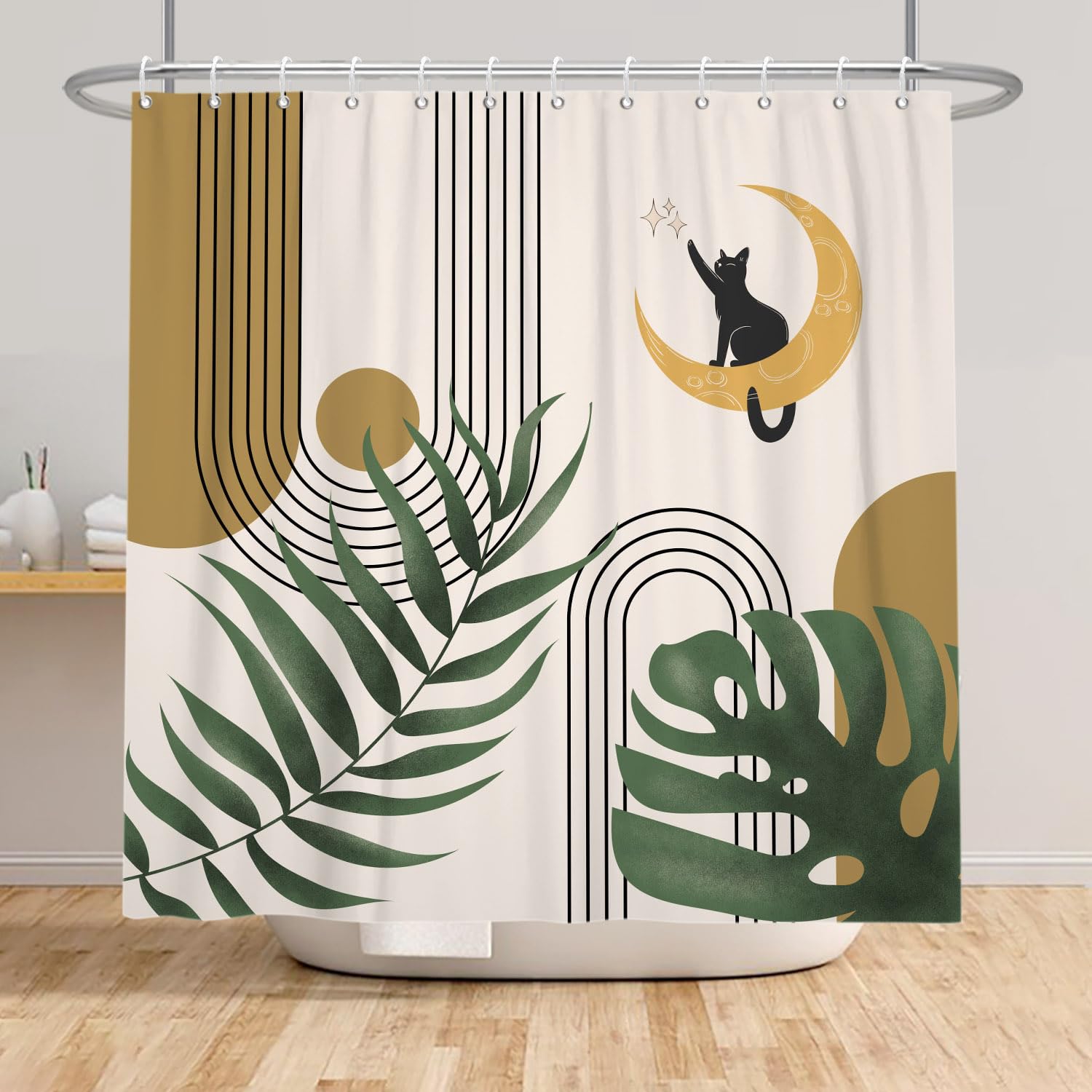 180x200cm Tende da doccia Boho con ganci, Arch Beige Marrone Sole Luna Gatto Foglie verdi Arte moderna Occlusa Impermeabile, Tessuto in poliestere Bagno Vasca Decorazione estetica